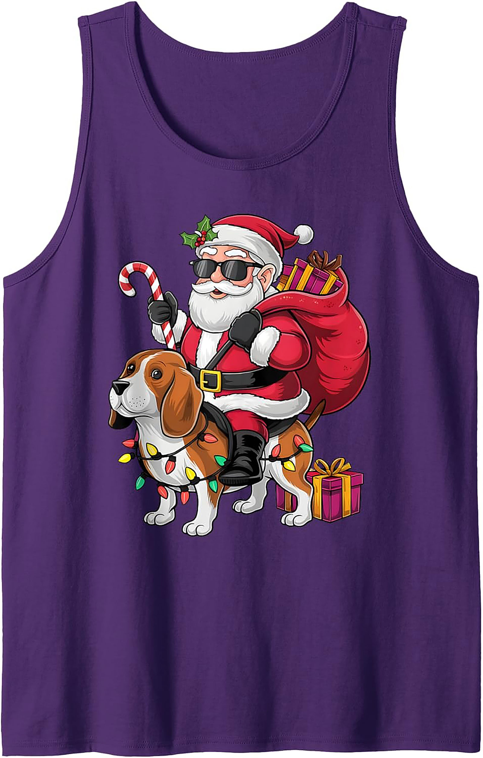 Cool Beagle Santa Riding Dog Graphic Tank Top - Christmas in July Sleeveless Shirt