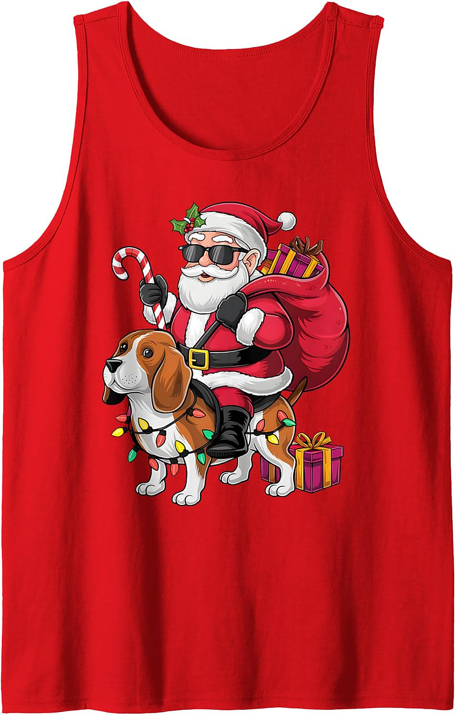 Cool Beagle Santa Riding Dog Graphic Tank Top - Christmas in July Sleeveless Shirt