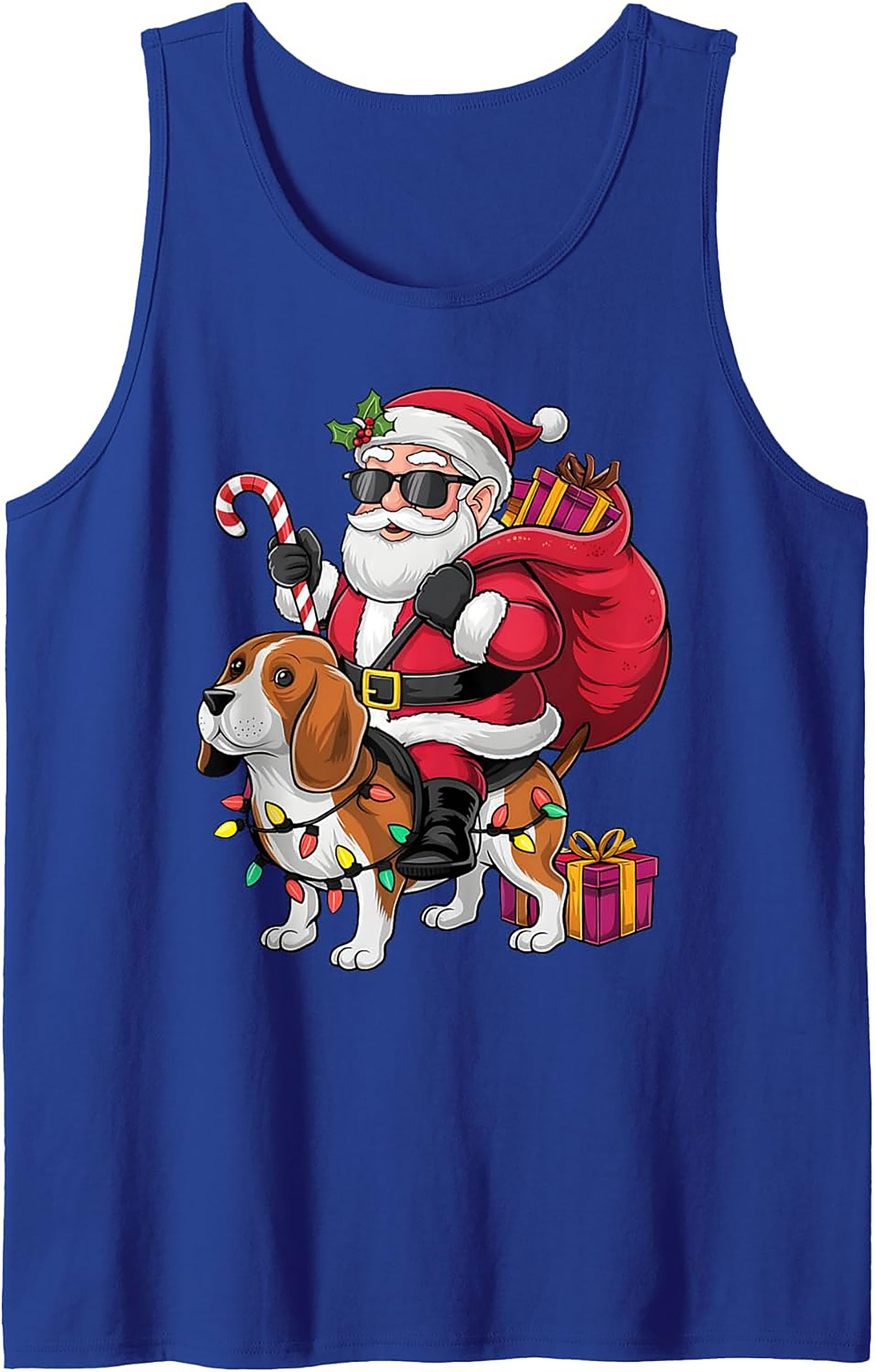 Cool Beagle Santa Riding Dog Graphic Tank Top - Christmas in July Sleeveless Shirt