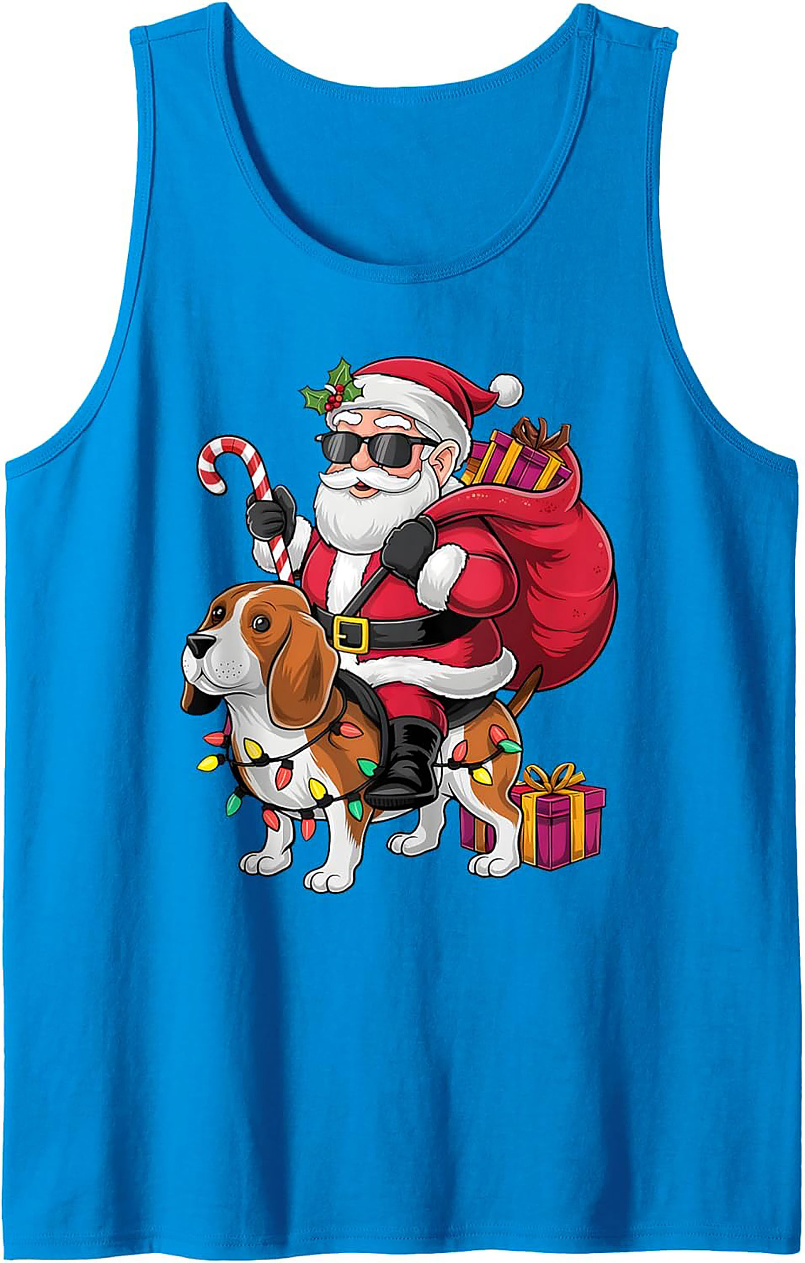 Cool Beagle Santa Riding Dog Graphic Tank Top - Christmas in July Sleeveless Shirt