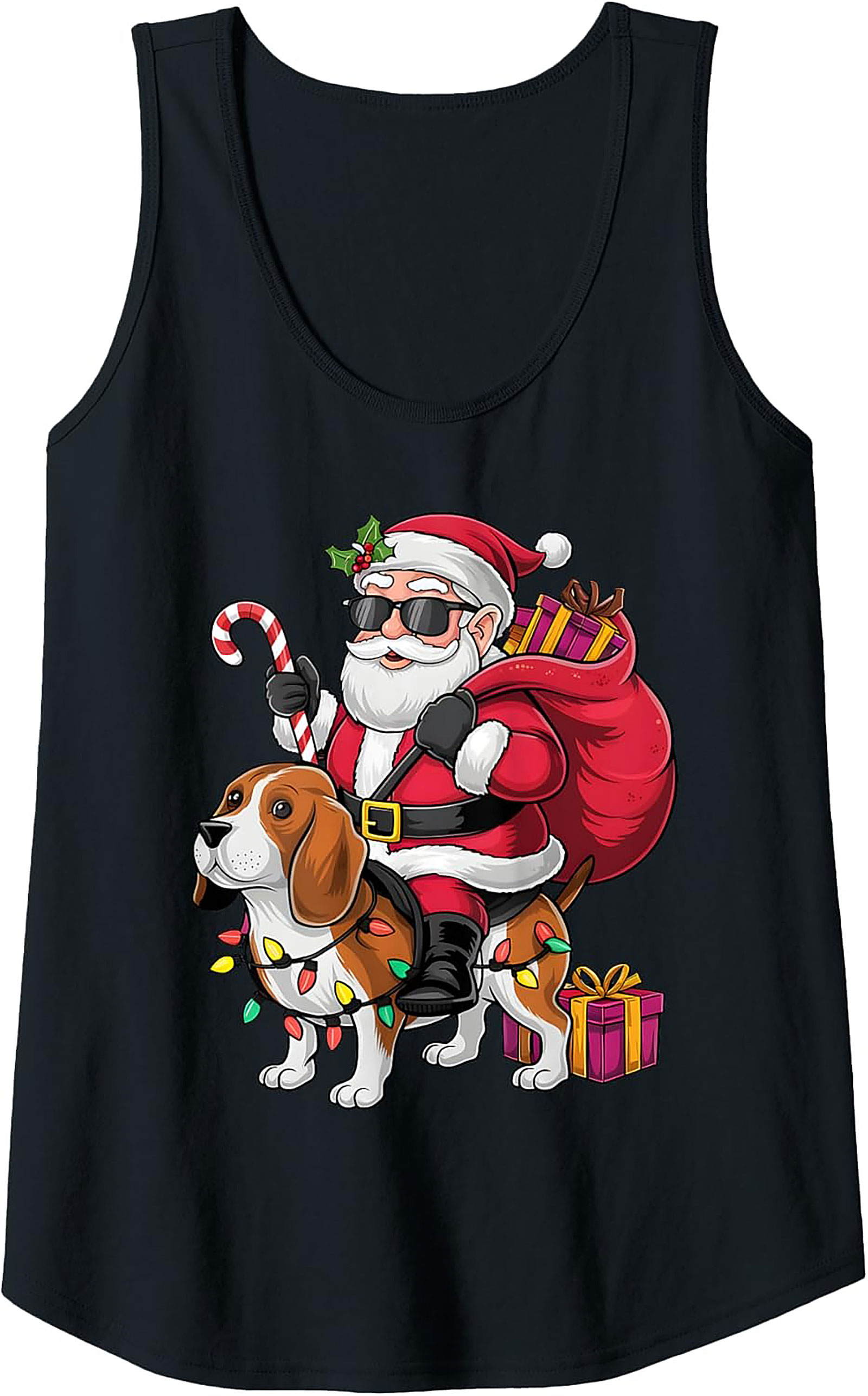 Cool Beagle Santa Riding Dog Graphic Tank Top - Christmas in July Sleeveless Shirt
