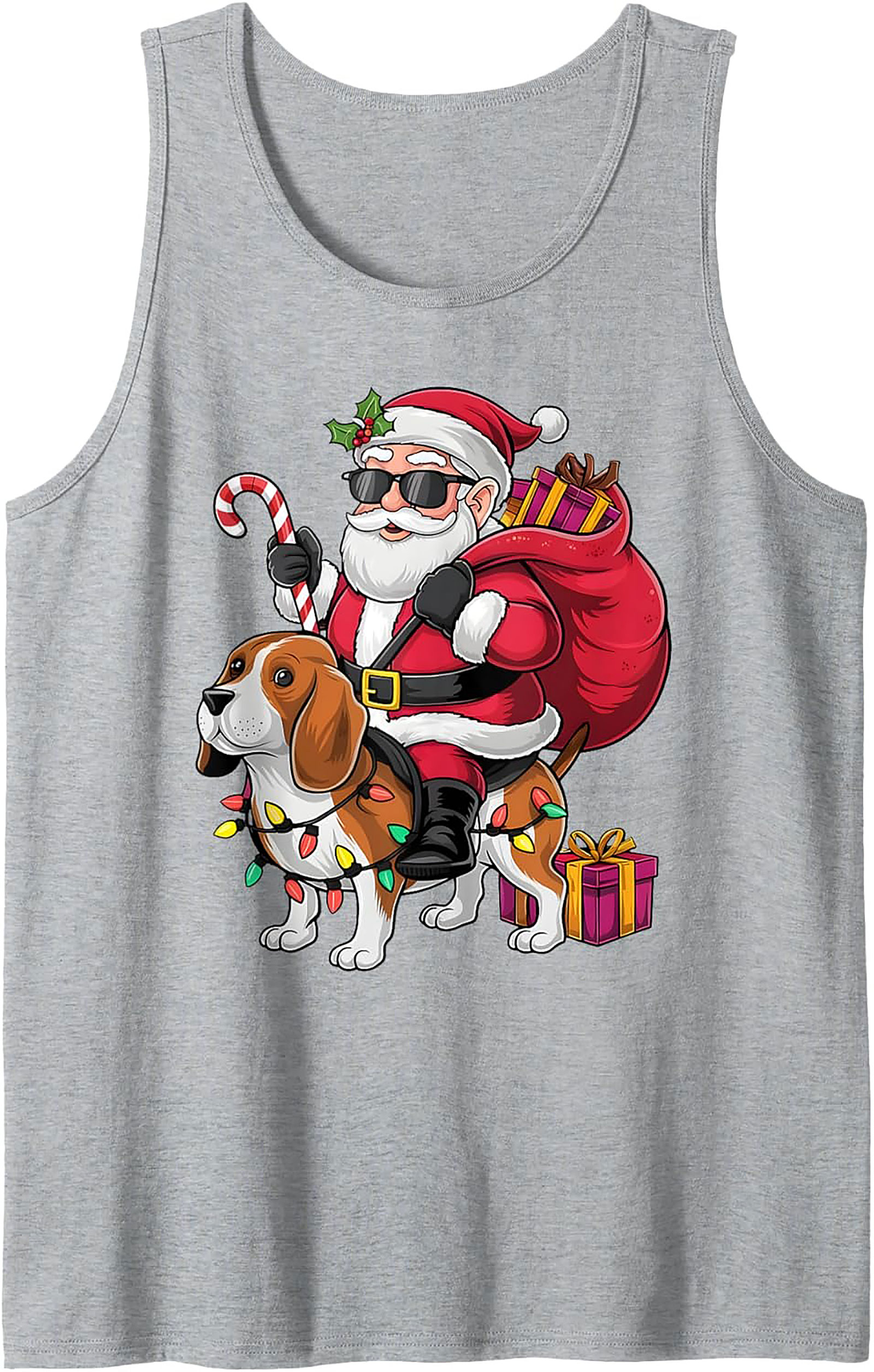 Cool Beagle Santa Riding Dog Graphic Tank Top - Christmas in July Sleeveless Shirt