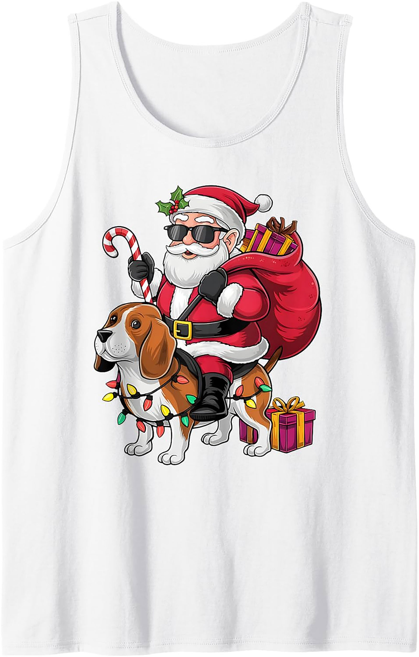 Cool Beagle Santa Riding Dog Graphic Tank Top - Christmas in July Sleeveless Shirt