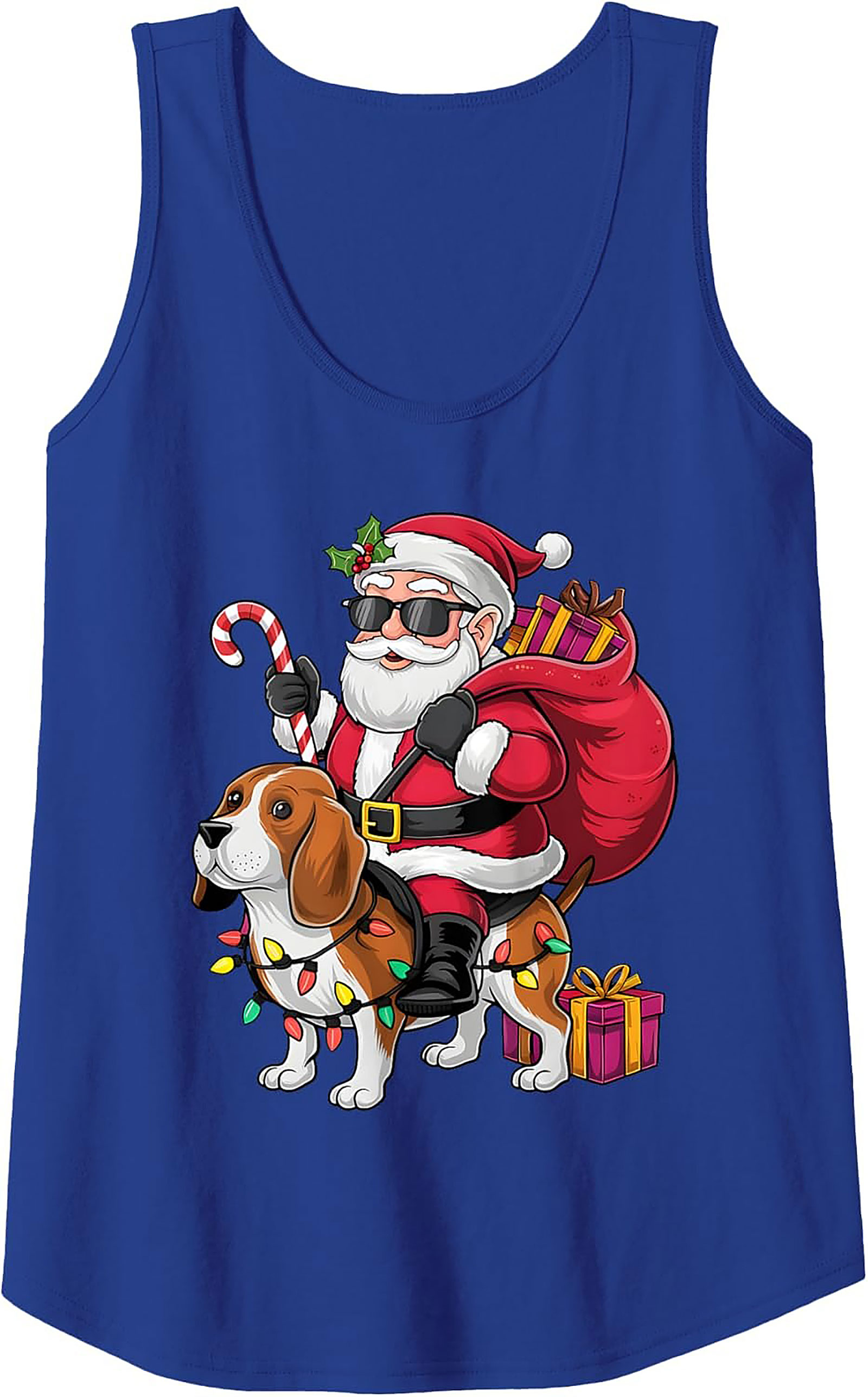 Cool Beagle Santa Riding Dog Graphic Tank Top - Christmas in July Sleeveless Shirt