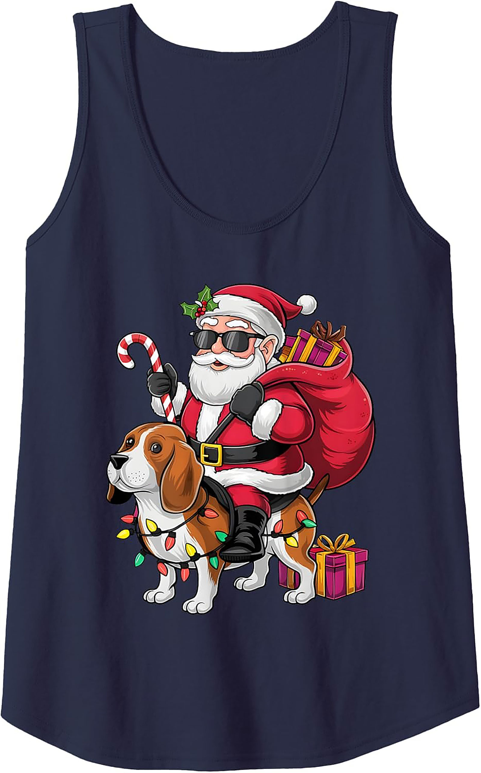 Cool Beagle Santa Riding Dog Graphic Tank Top - Christmas in July Sleeveless Shirt