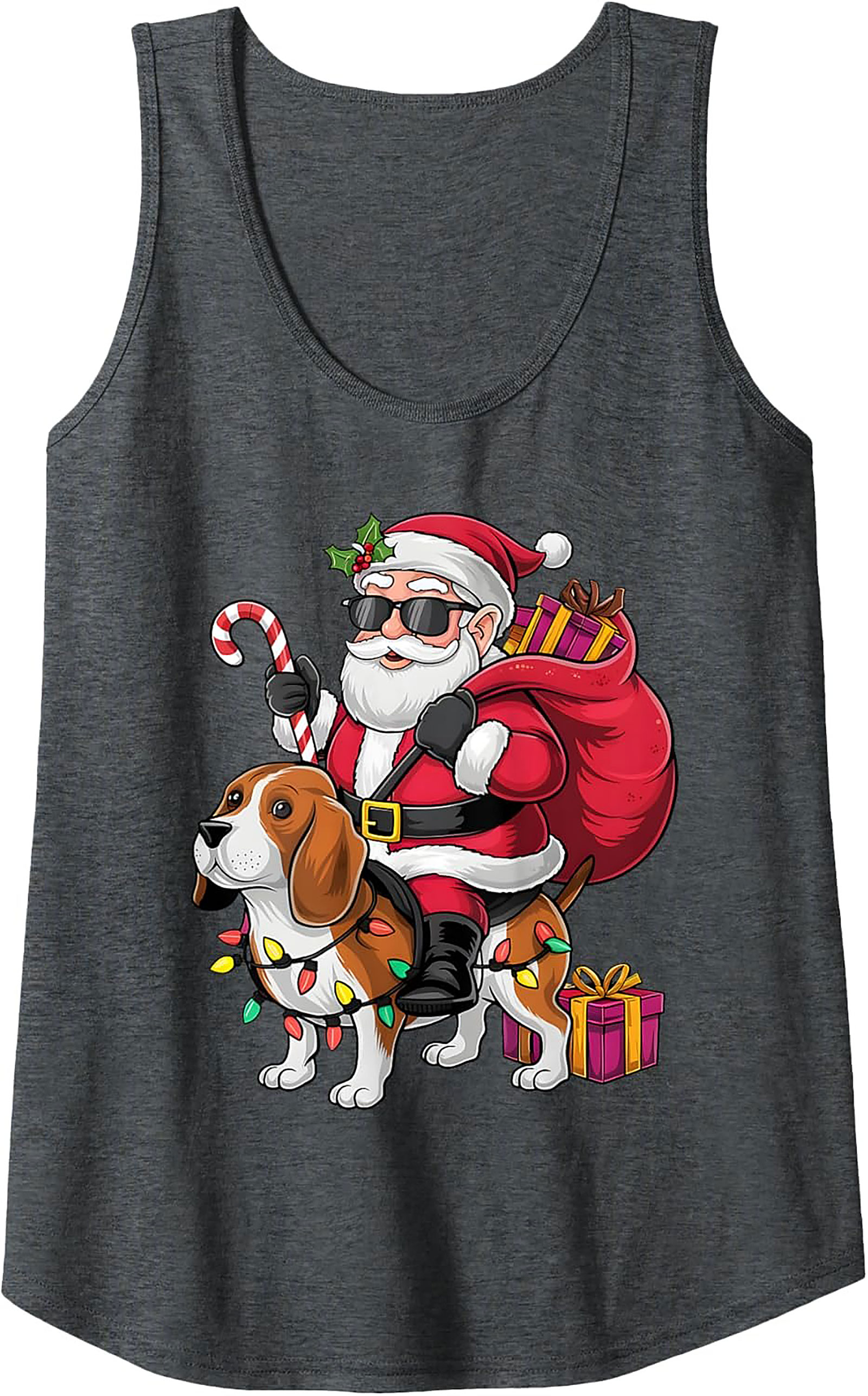 Cool Beagle Santa Riding Dog Graphic Tank Top - Christmas in July Sleeveless Shirt