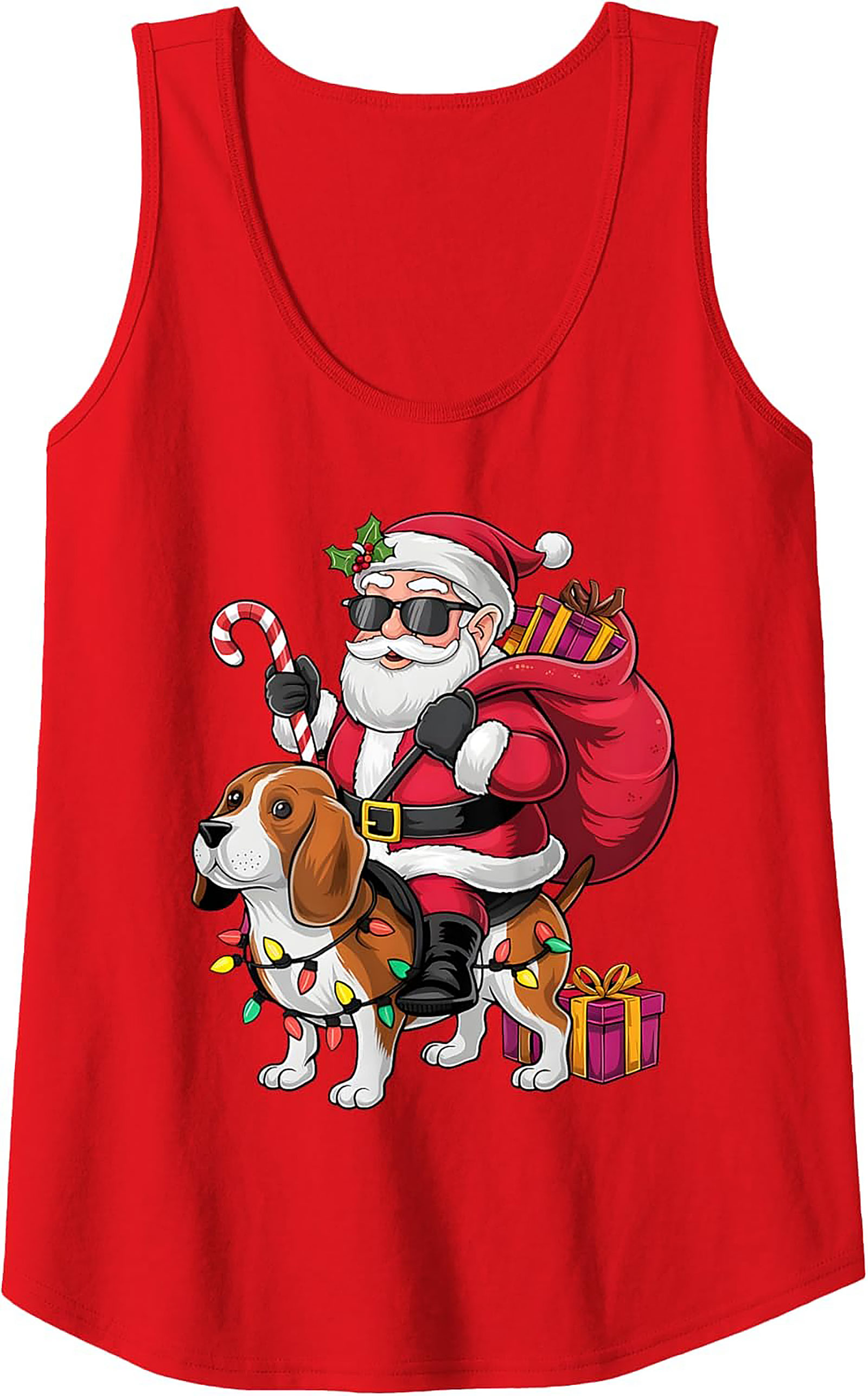 Cool Beagle Santa Riding Dog Graphic Tank Top - Christmas in July Sleeveless Shirt