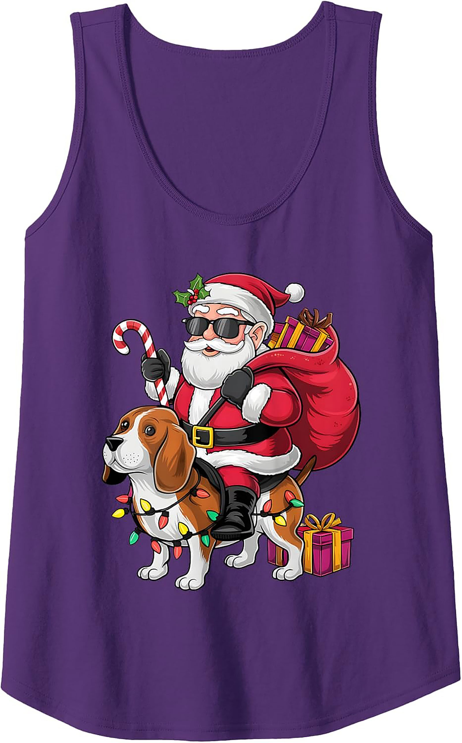Cool Beagle Santa Riding Dog Graphic Tank Top - Christmas in July Sleeveless Shirt