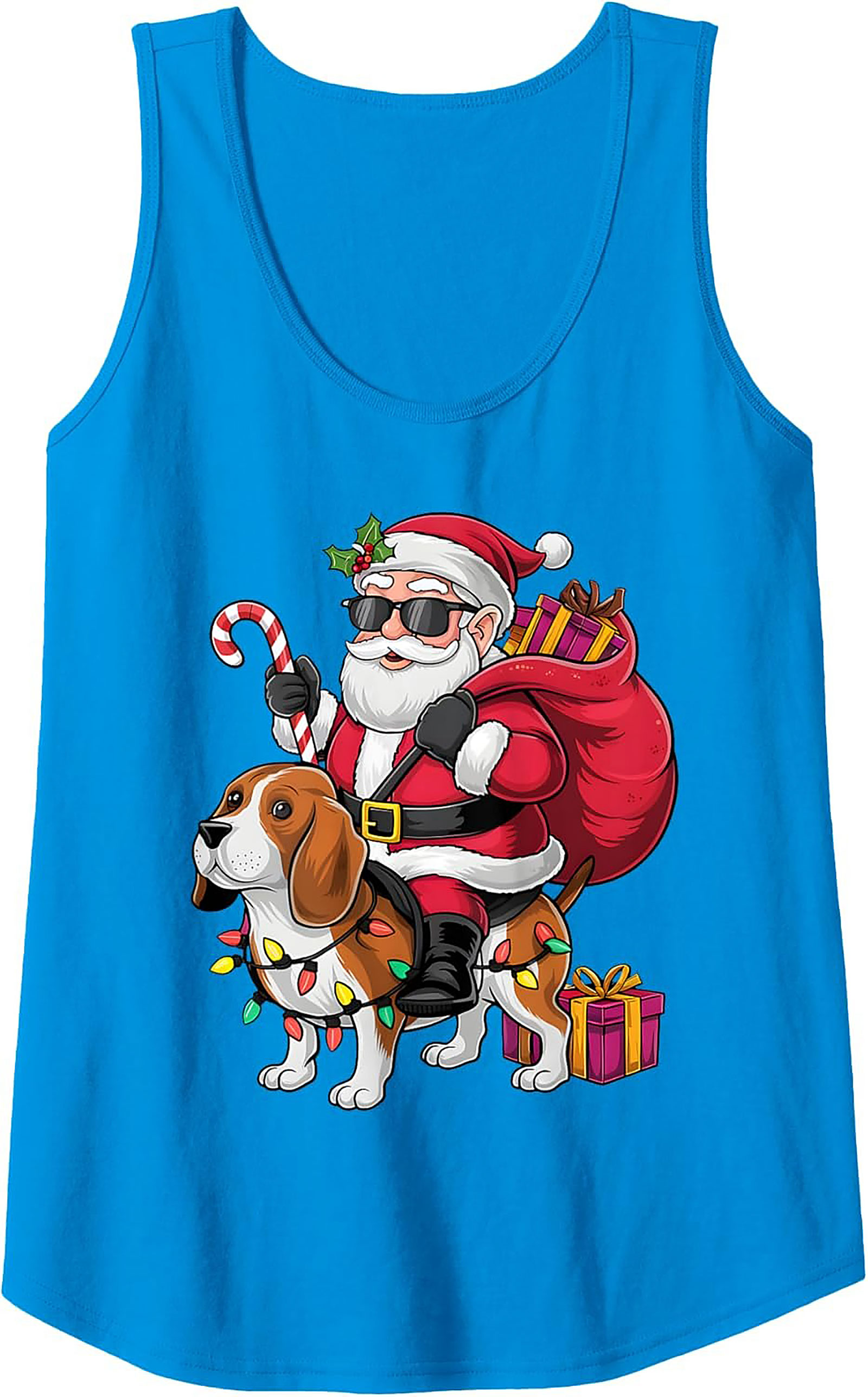 Cool Beagle Santa Riding Dog Graphic Tank Top - Christmas in July Sleeveless Shirt