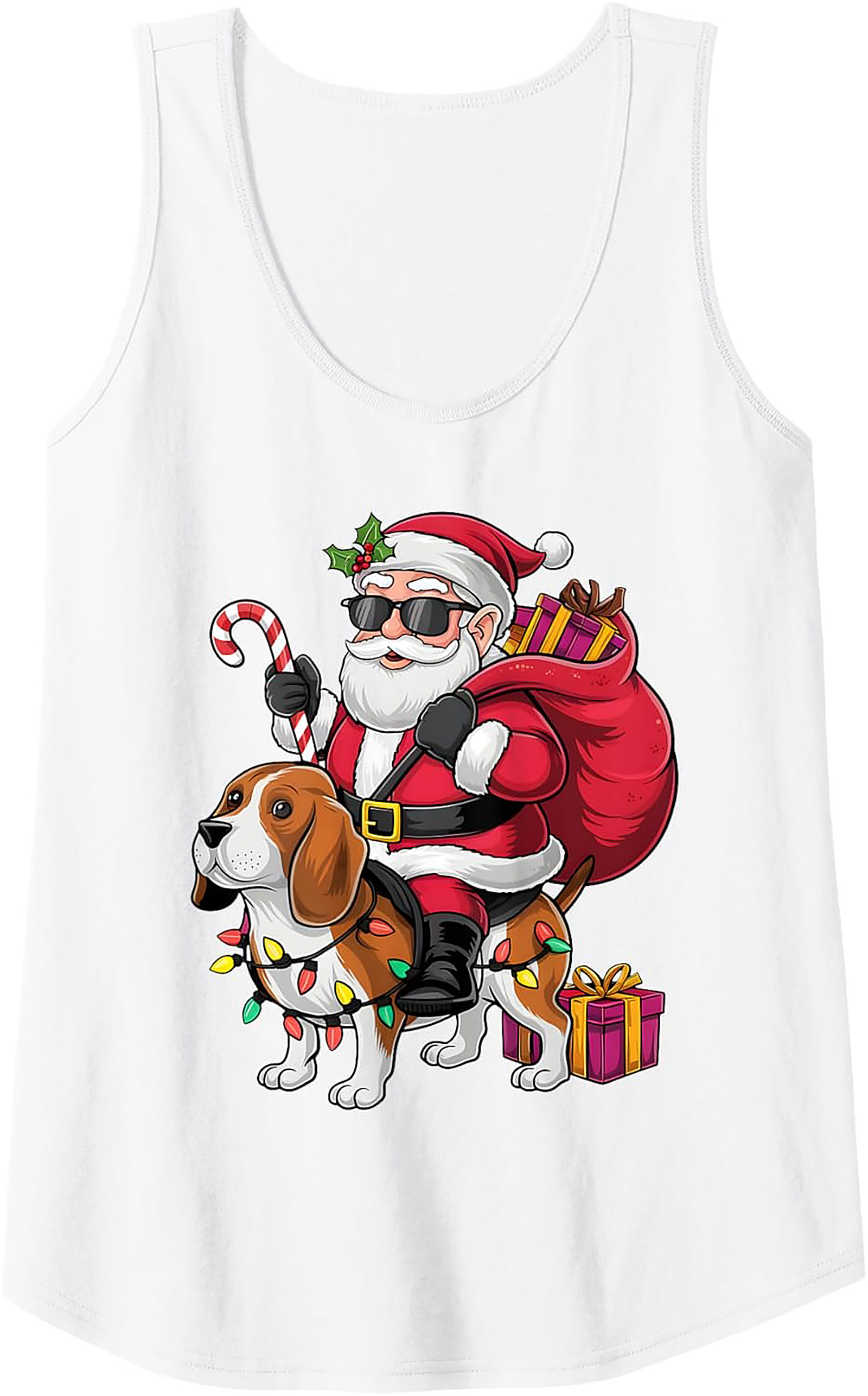 Cool Beagle Santa Riding Dog Graphic Tank Top - Christmas in July Sleeveless Shirt
