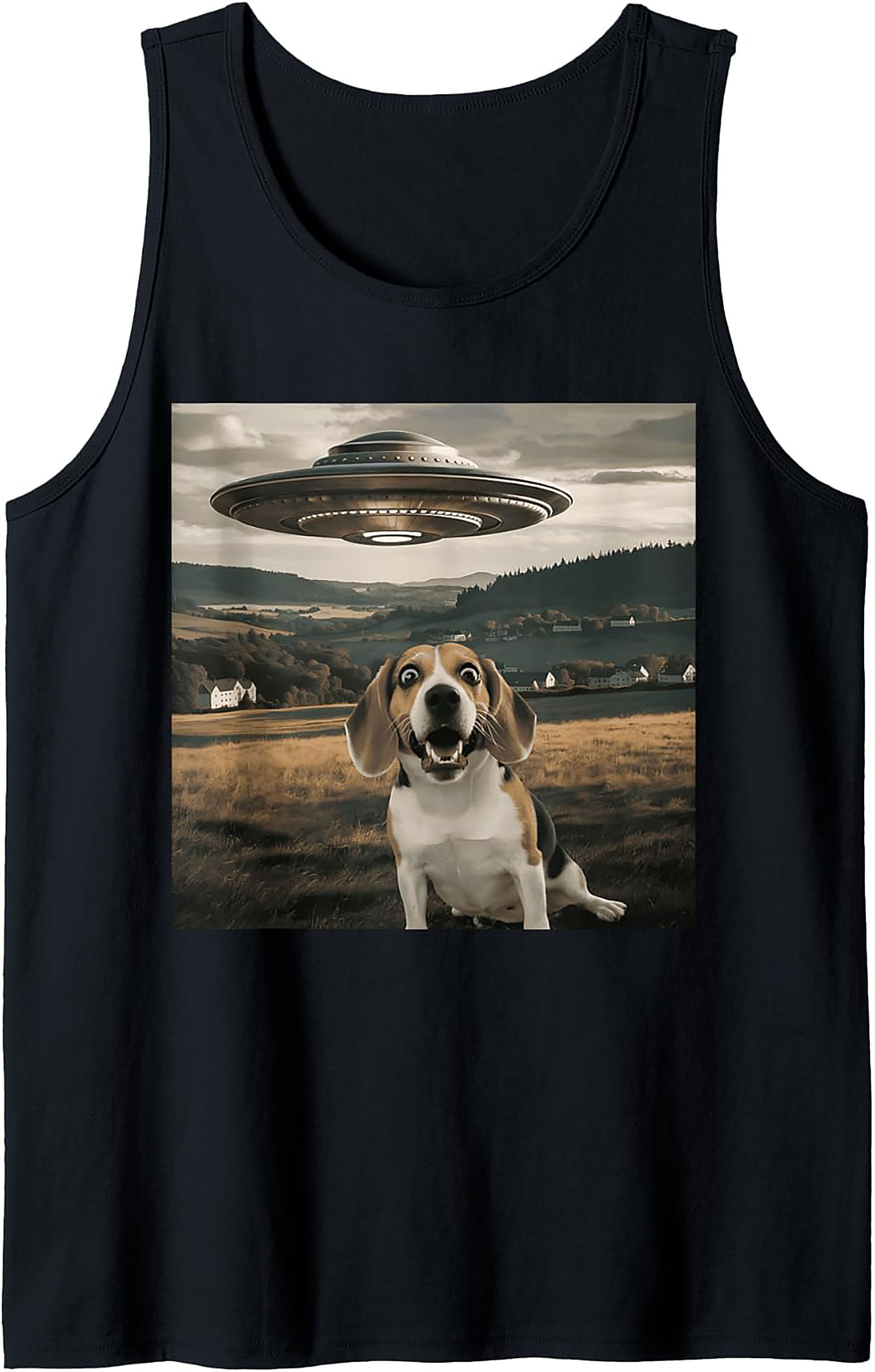 Surprised Beagle UFO Tank Top | Funny Dog Alien Encounter Graphic Tank