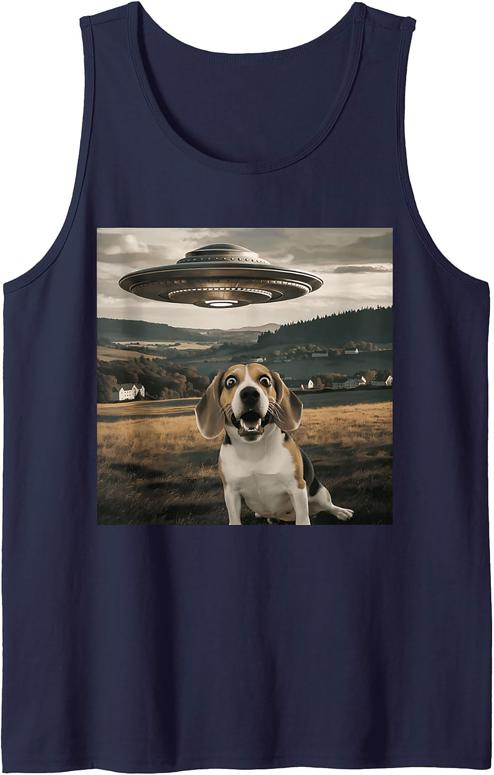 Surprised Beagle UFO Tank Top | Funny Dog Alien Encounter Graphic Tank