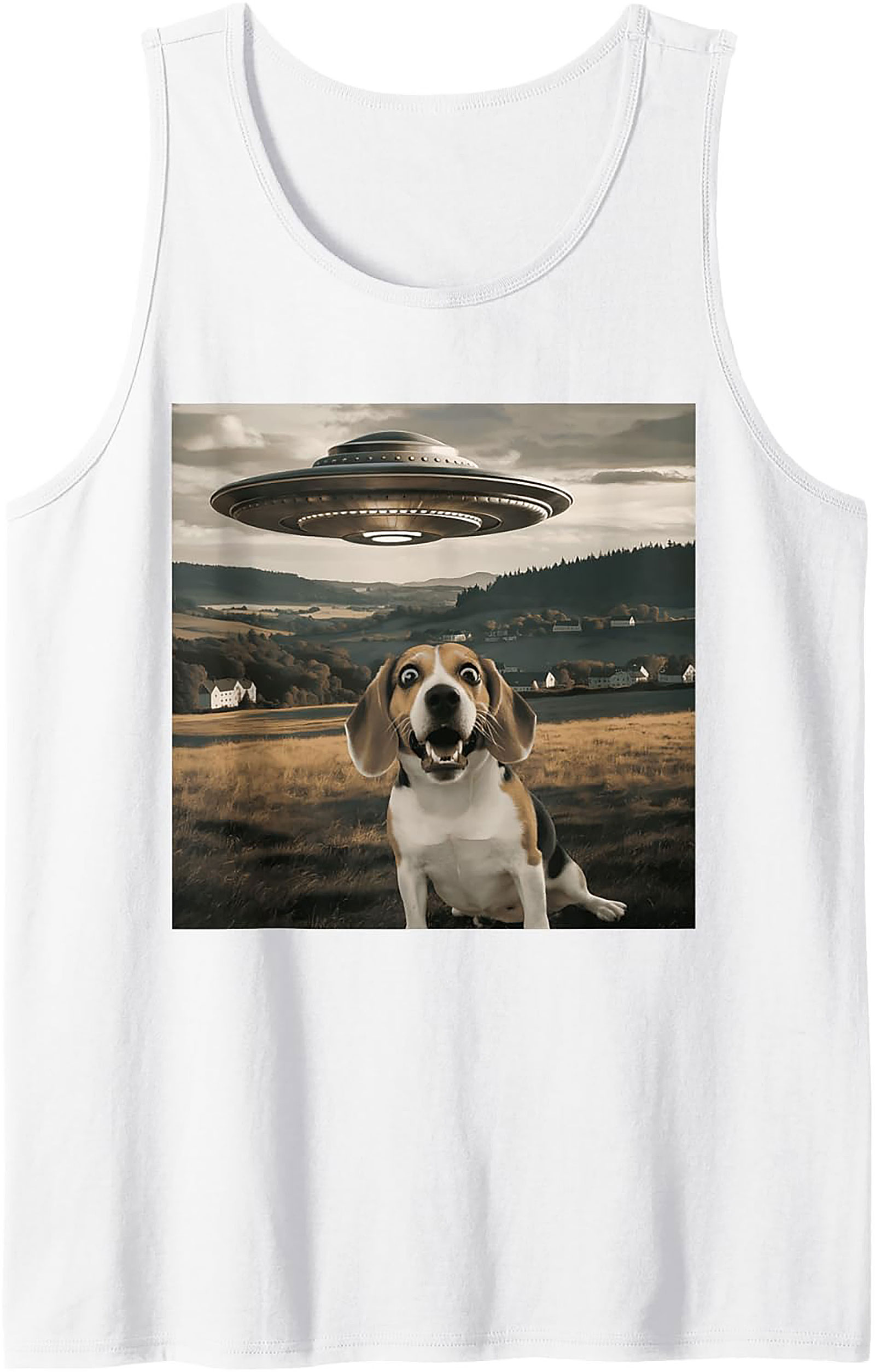 Surprised Beagle UFO Tank Top | Funny Dog Alien Encounter Graphic Tank