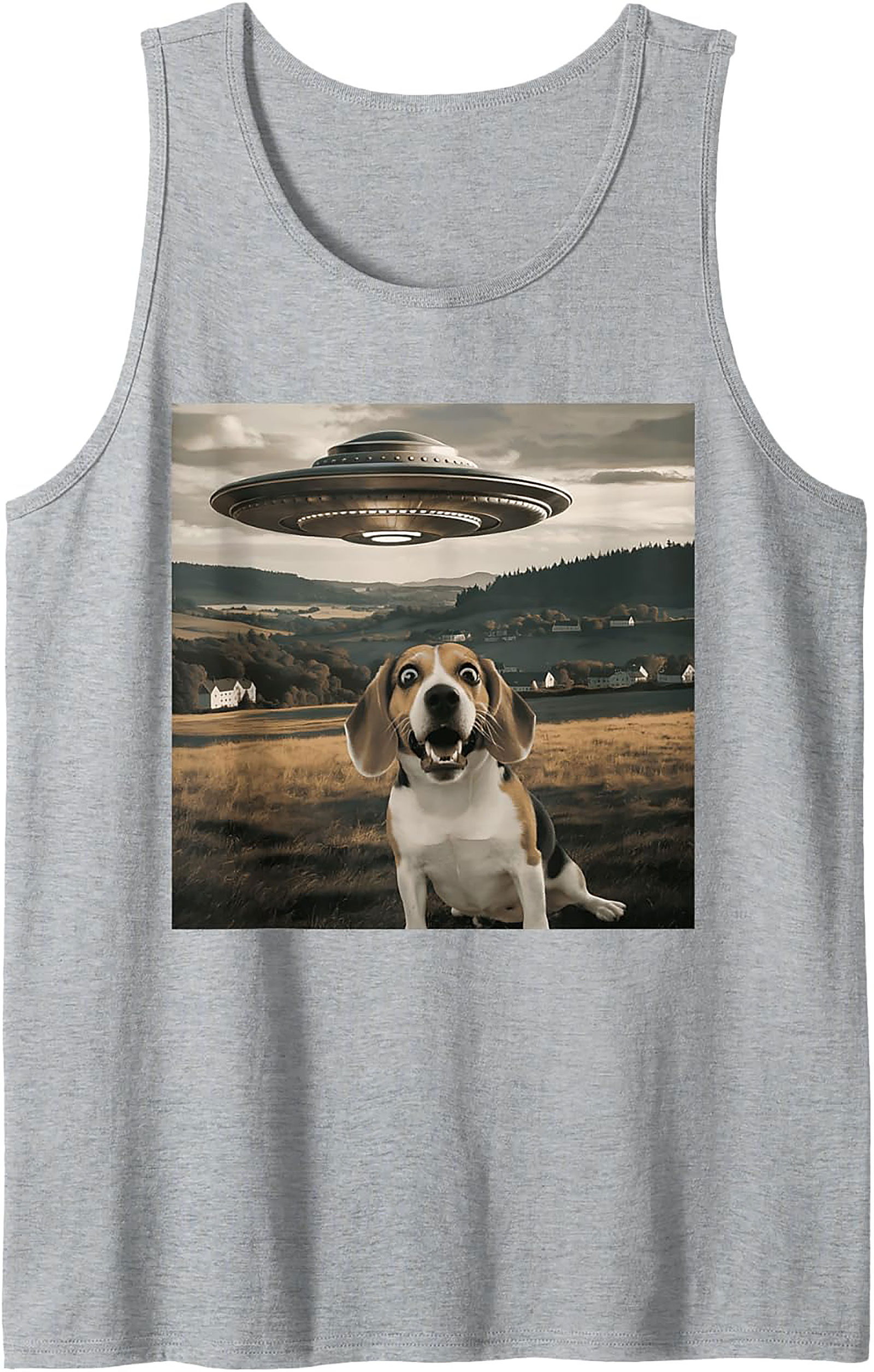 Surprised Beagle UFO Tank Top | Funny Dog Alien Encounter Graphic Tank