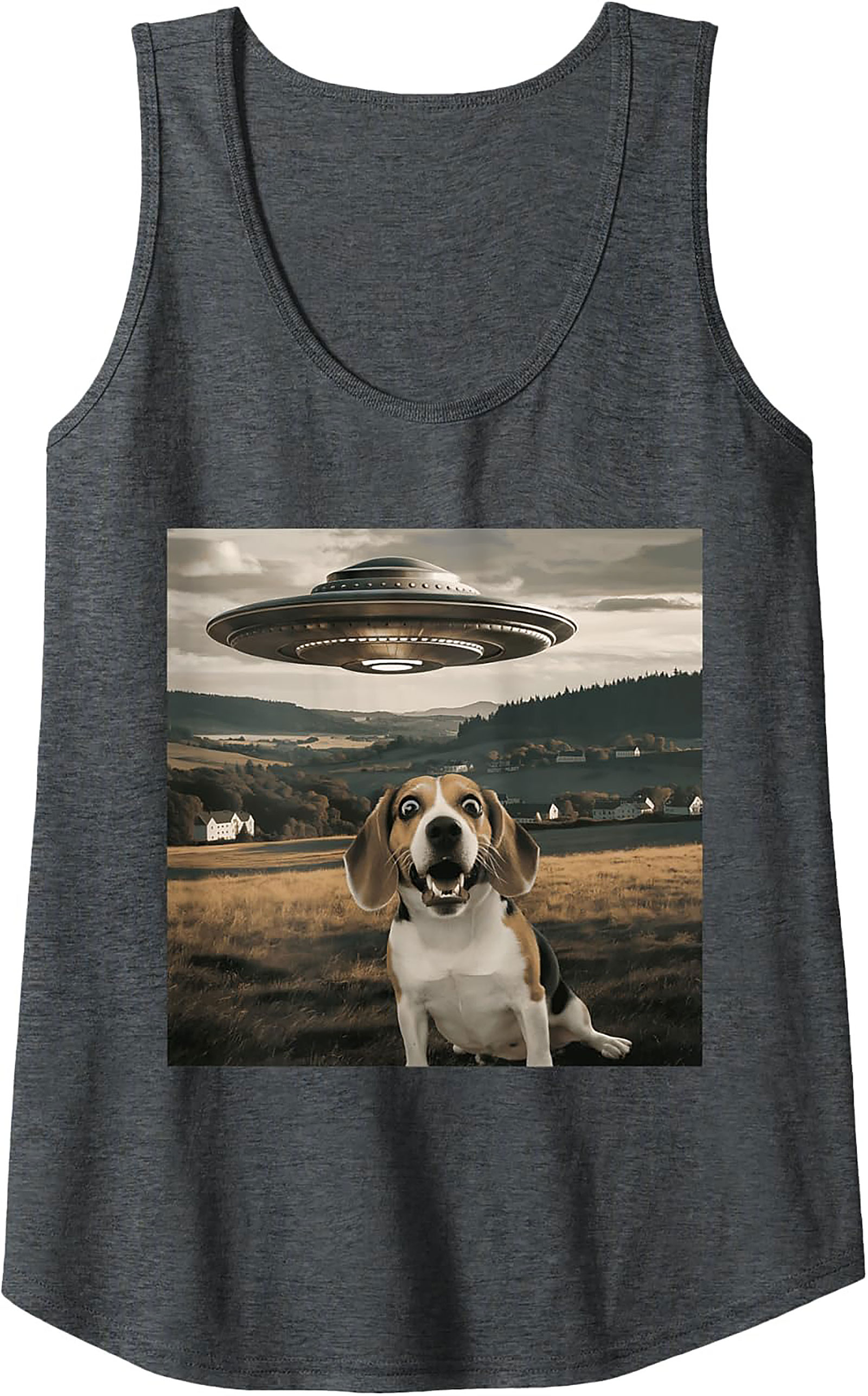 Surprised Beagle UFO Tank Top | Funny Dog Alien Encounter Graphic Tank
