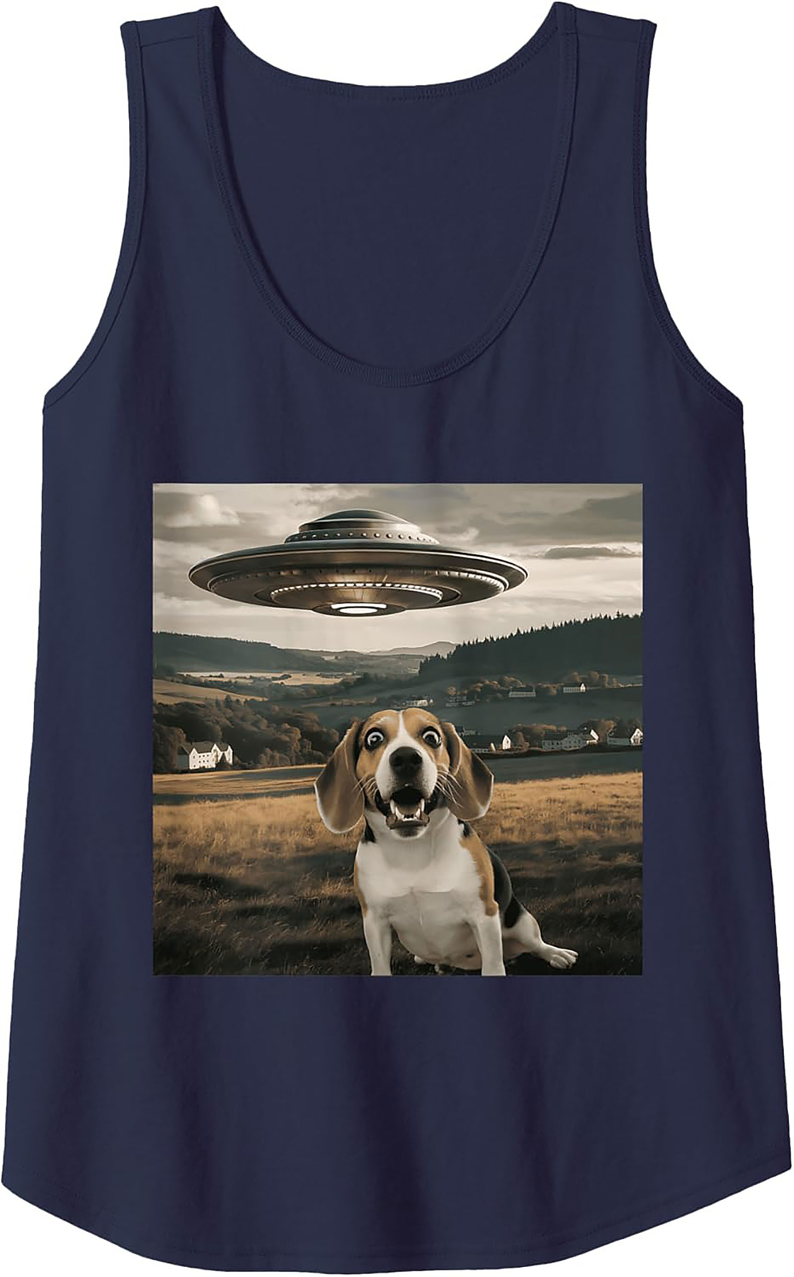 Surprised Beagle UFO Tank Top | Funny Dog Alien Encounter Graphic Tank
