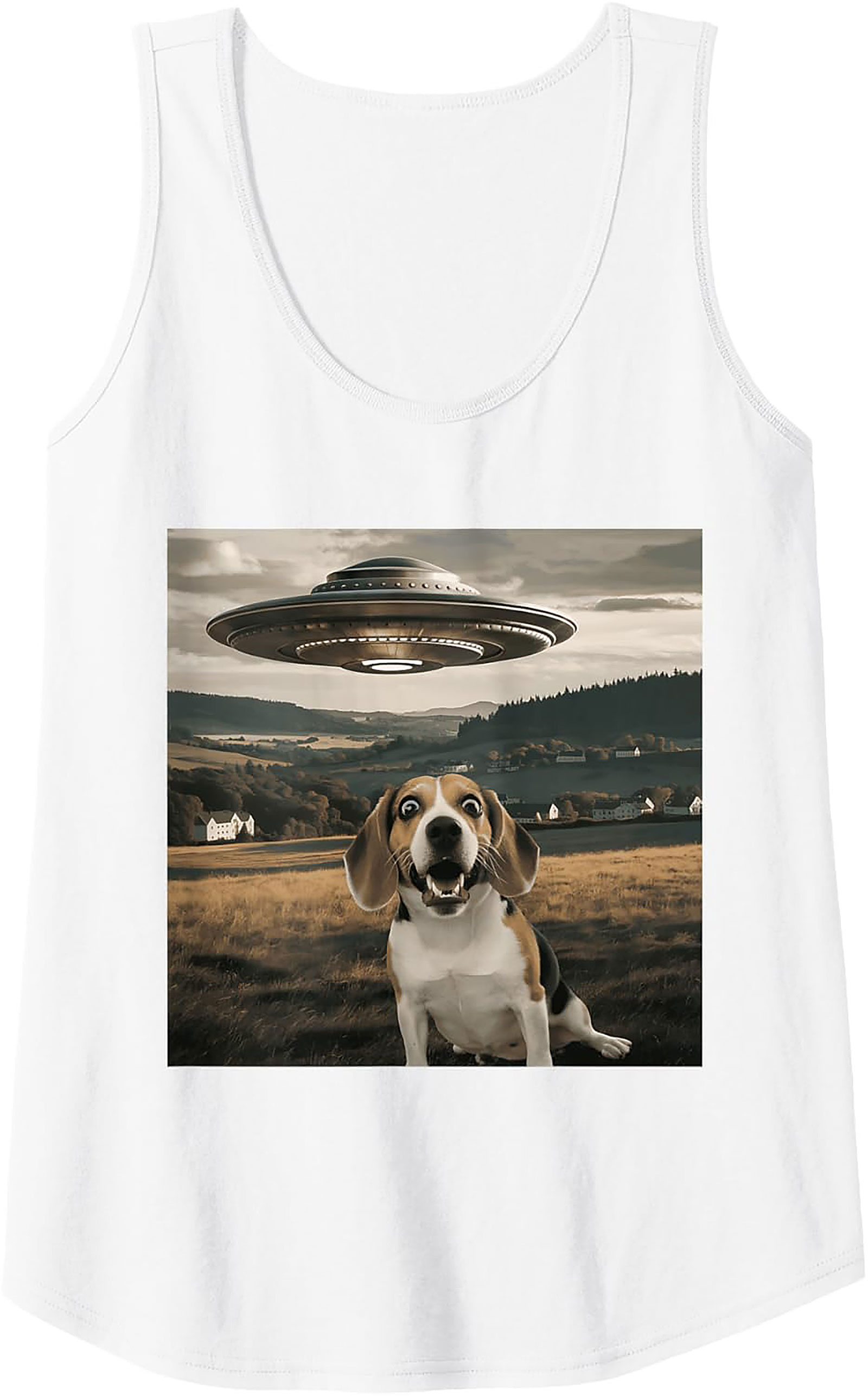 Surprised Beagle UFO Tank Top | Funny Dog Alien Encounter Graphic Tank
