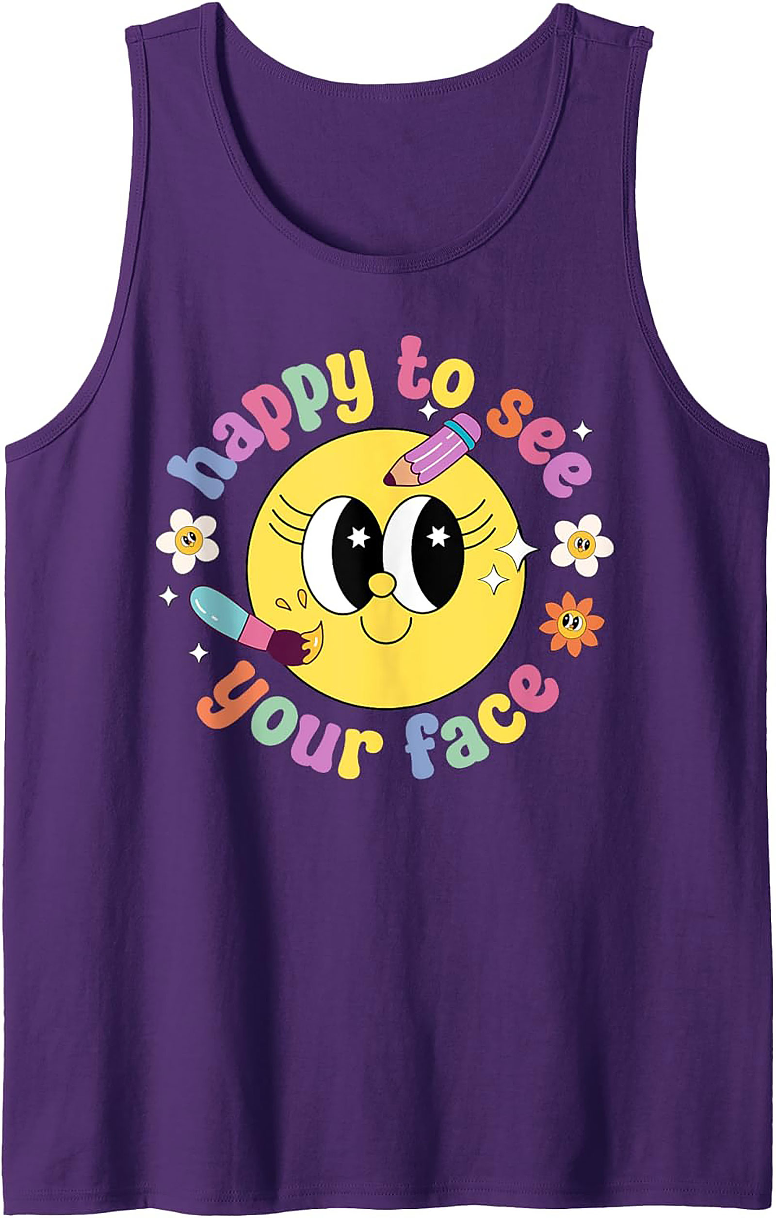 Retro Happy Face Graphic Tank Top - Groovy 'Happy to See Your Face' Sleeveless Shirt