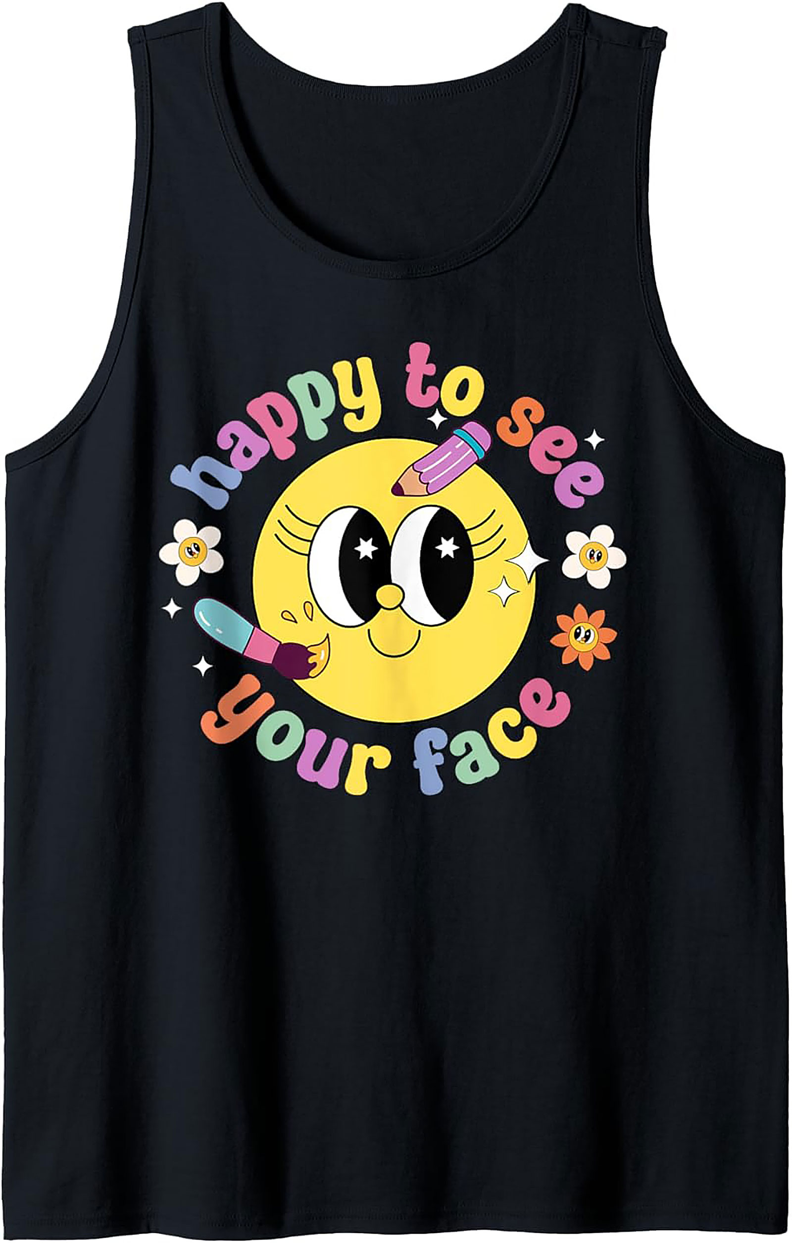 Retro Happy Face Graphic Tank Top - Groovy 'Happy to See Your Face' Sleeveless Shirt