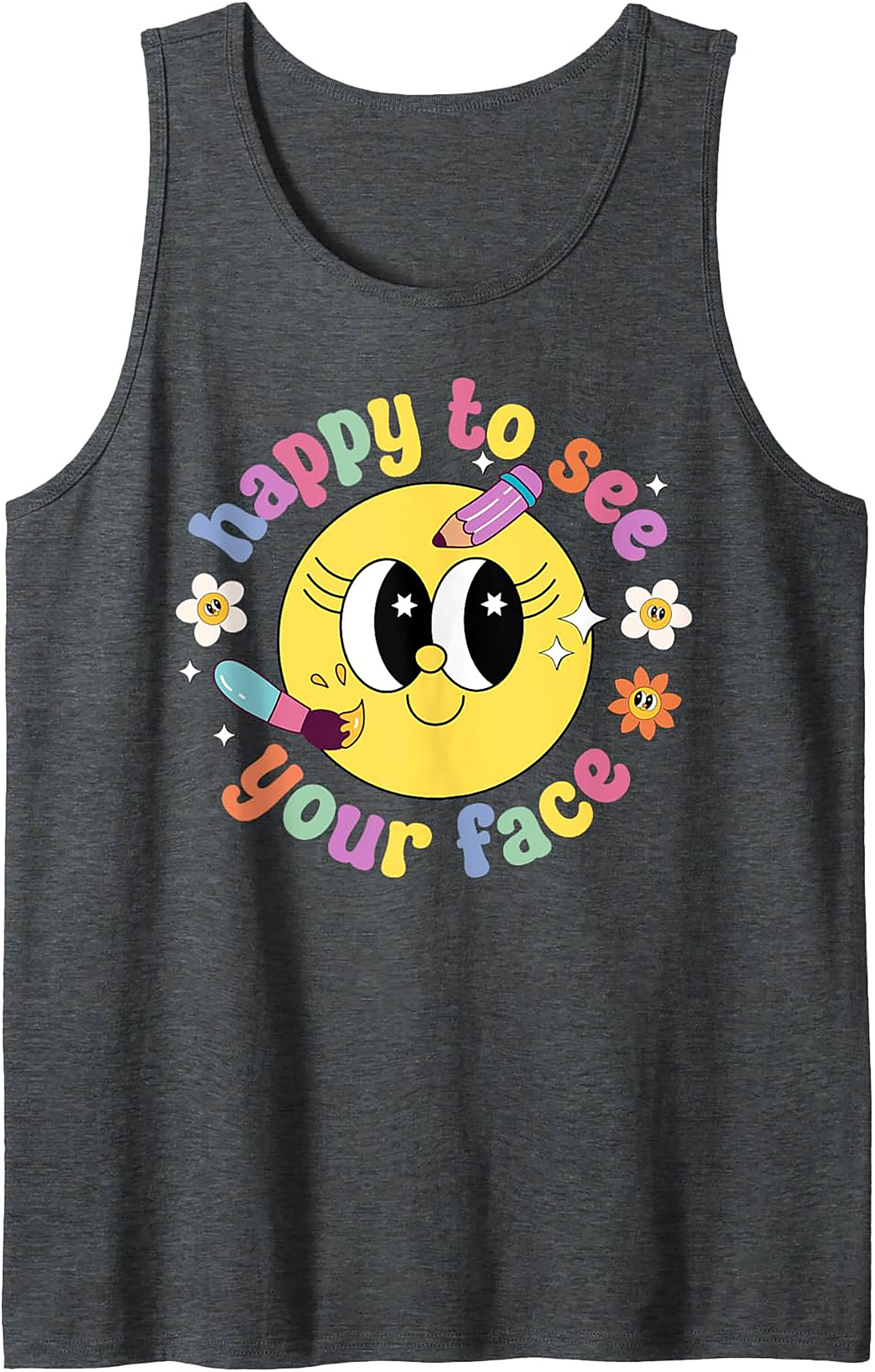Retro Happy Face Graphic Tank Top - Groovy 'Happy to See Your Face' Sleeveless Shirt