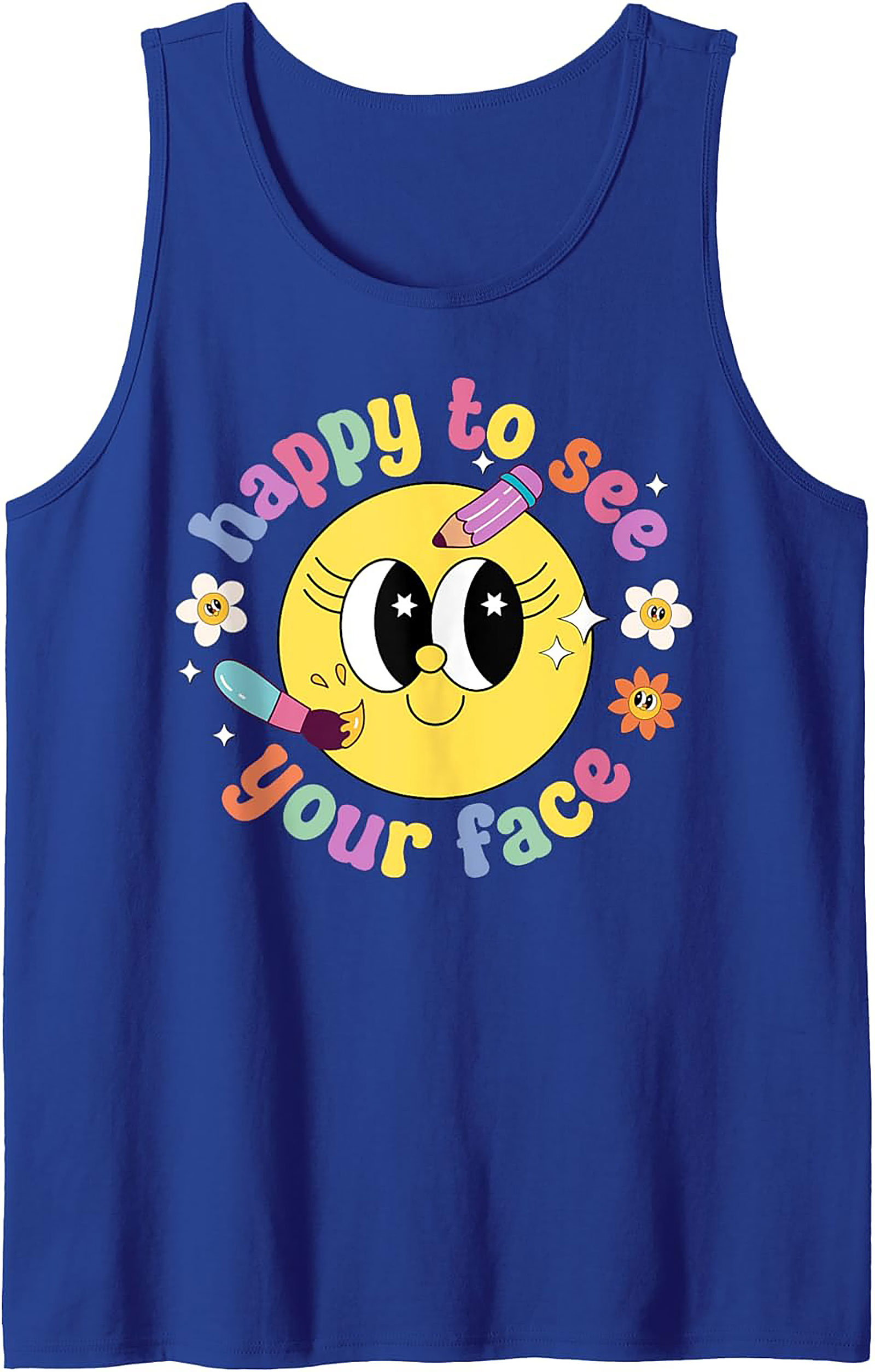 Retro Happy Face Graphic Tank Top - Groovy 'Happy to See Your Face' Sleeveless Shirt