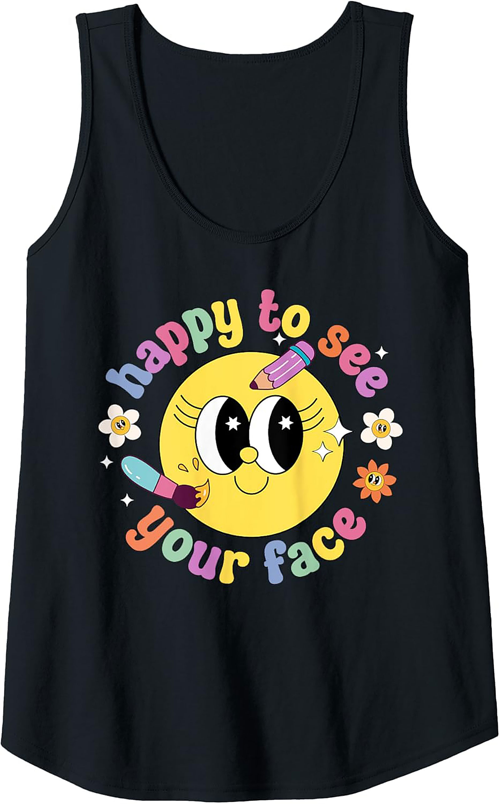 Retro Happy Face Graphic Tank Top - Groovy 'Happy to See Your Face' Sleeveless Shirt