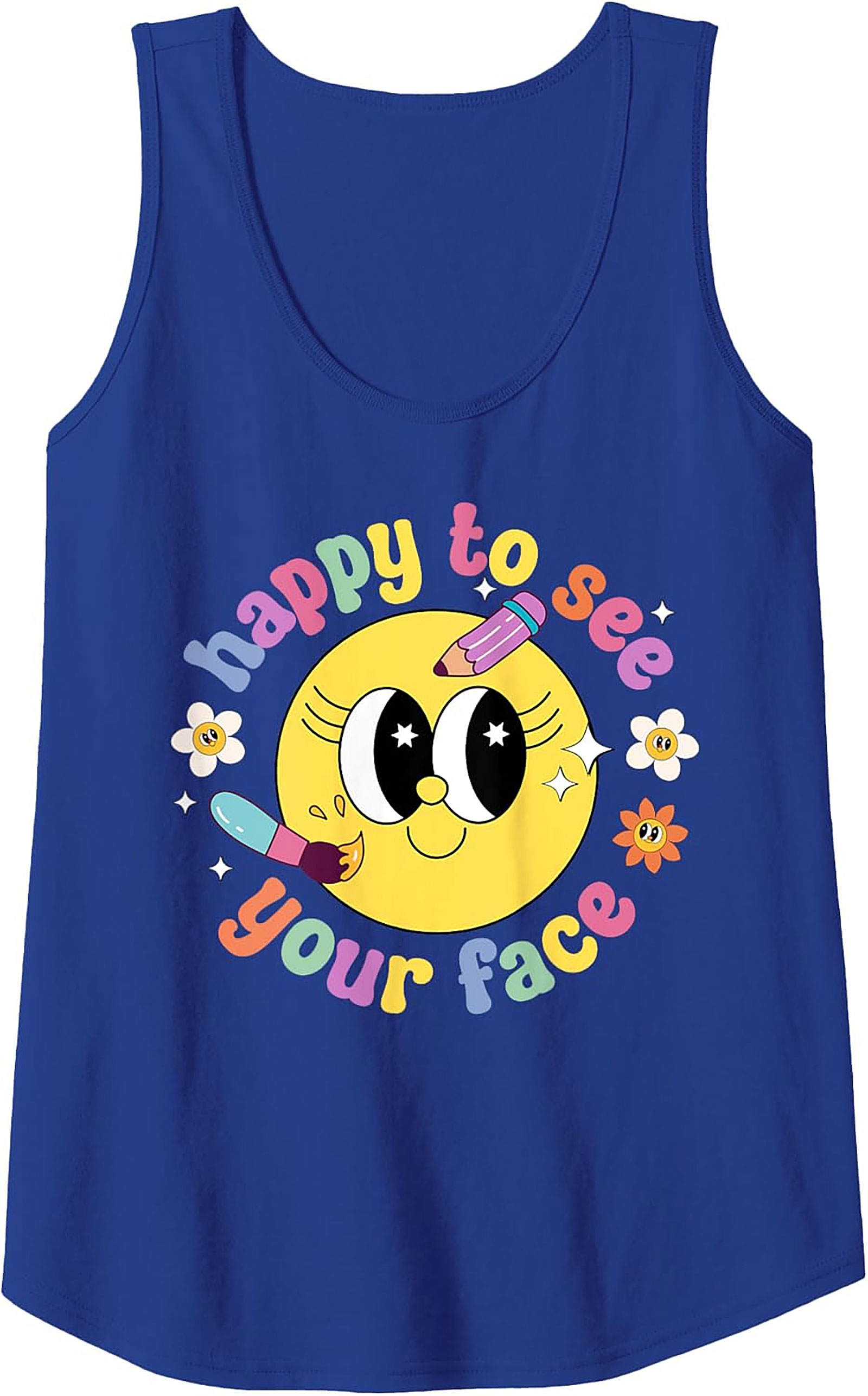 Retro Happy Face Graphic Tank Top - Groovy 'Happy to See Your Face' Sleeveless Shirt