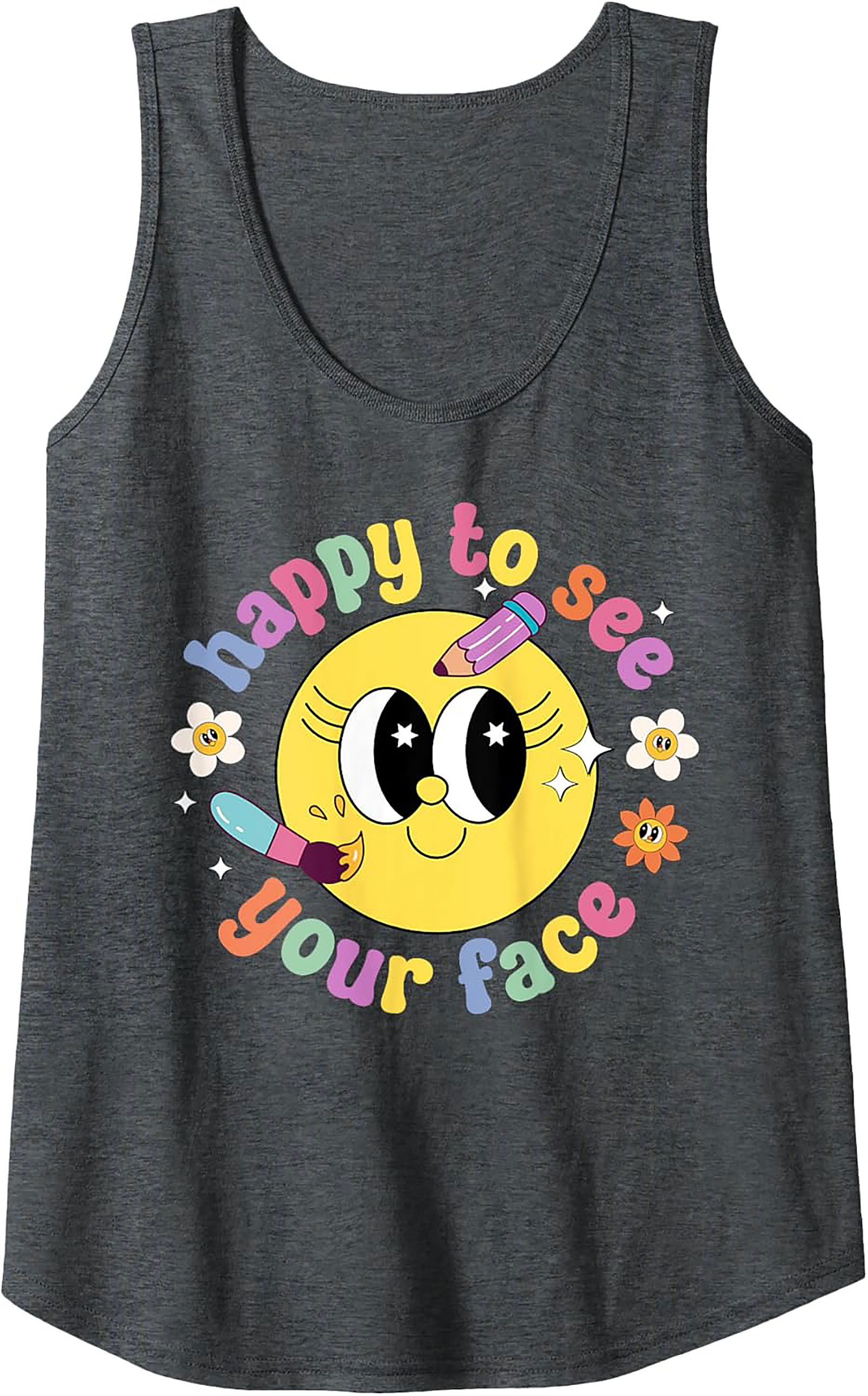 Retro Happy Face Graphic Tank Top - Groovy 'Happy to See Your Face' Sleeveless Shirt