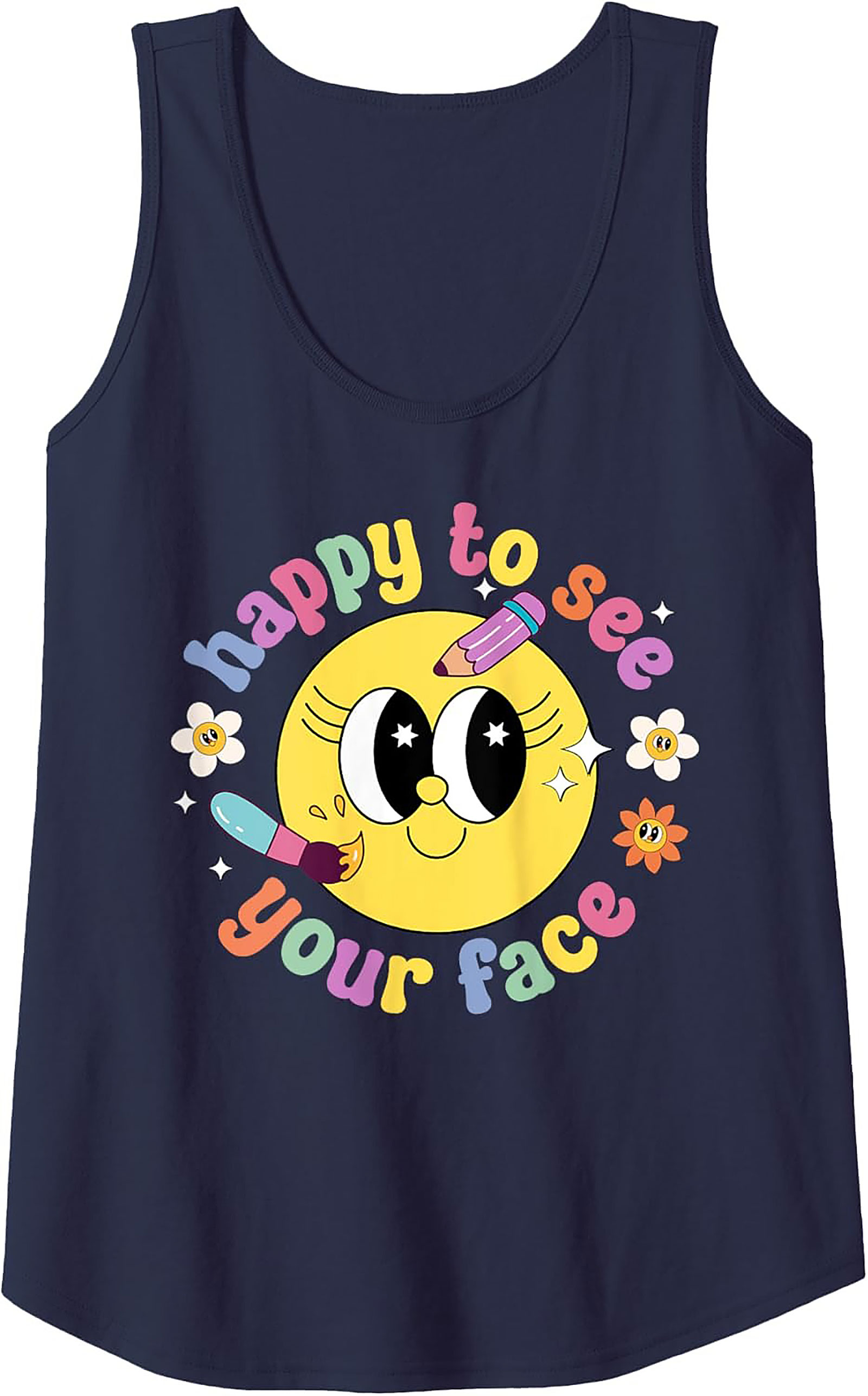 Retro Happy Face Graphic Tank Top - Groovy 'Happy to See Your Face' Sleeveless Shirt