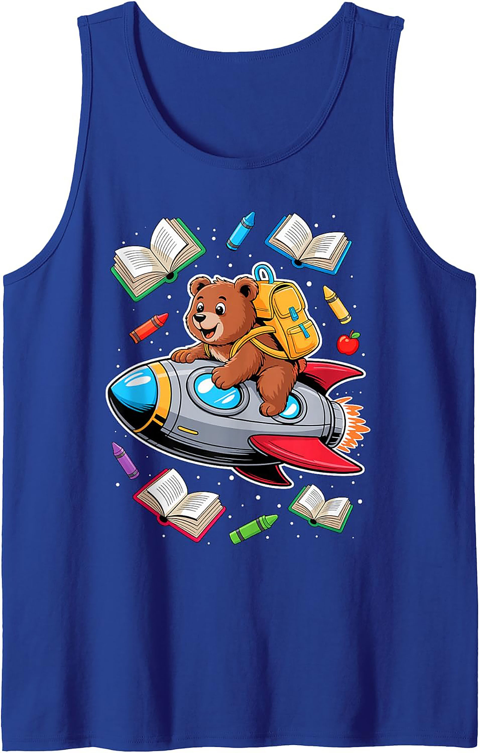 Back to School Graphic Tank Top: Cute Space Bear Rocket Ship Sleeveless Shirt