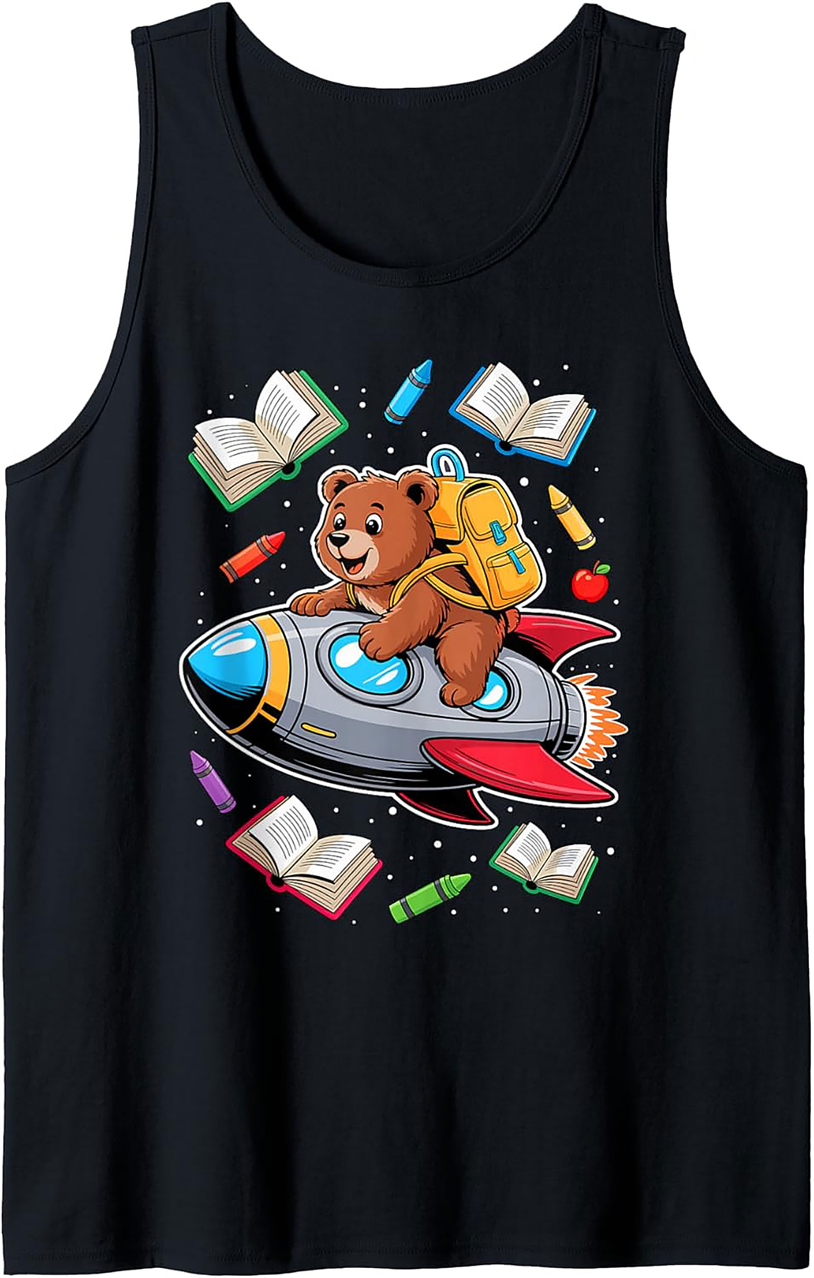 Back to School Graphic Tank Top: Cute Space Bear Rocket Ship Sleeveless Shirt