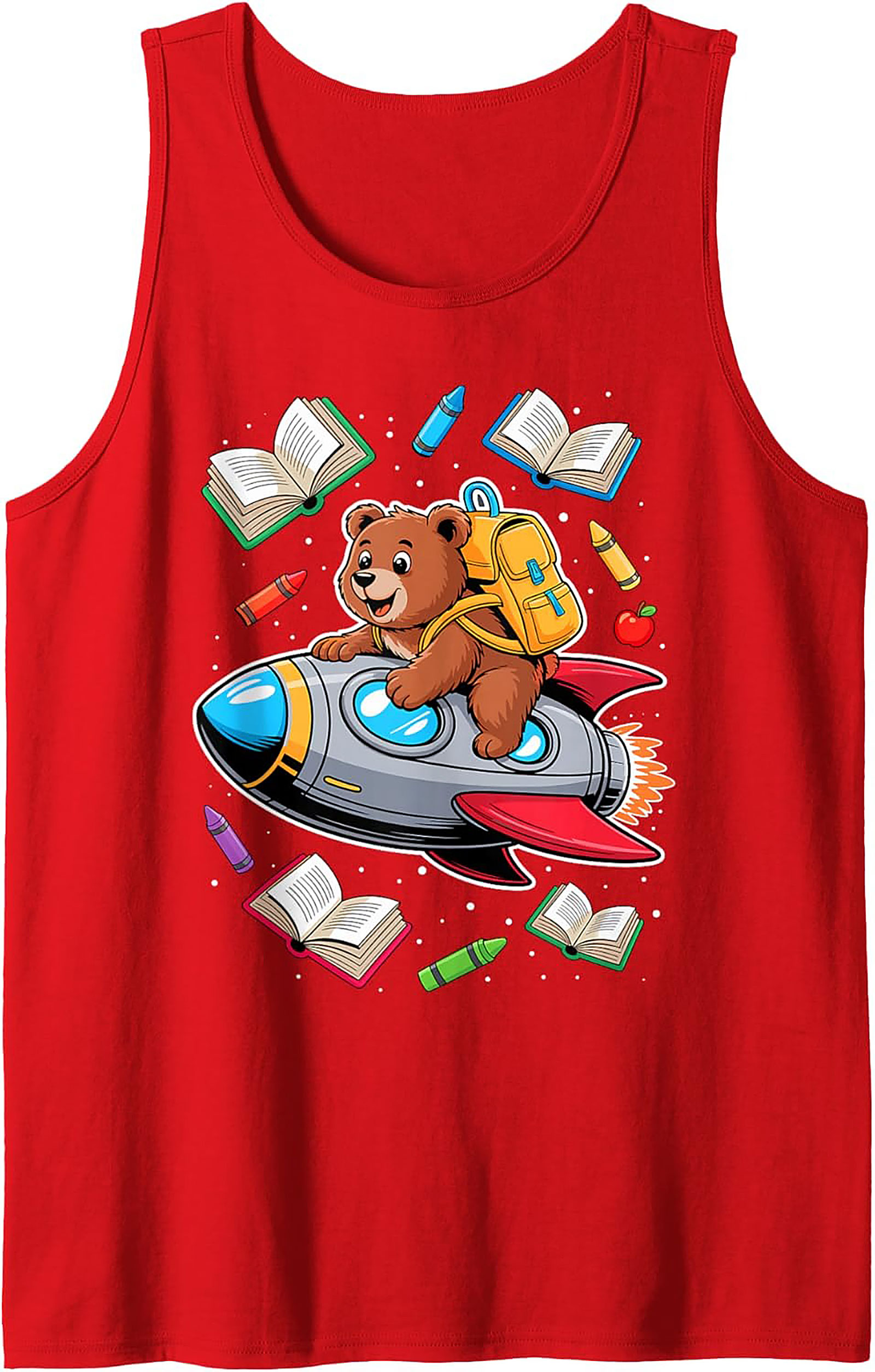 Back to School Graphic Tank Top: Cute Space Bear Rocket Ship Sleeveless Shirt