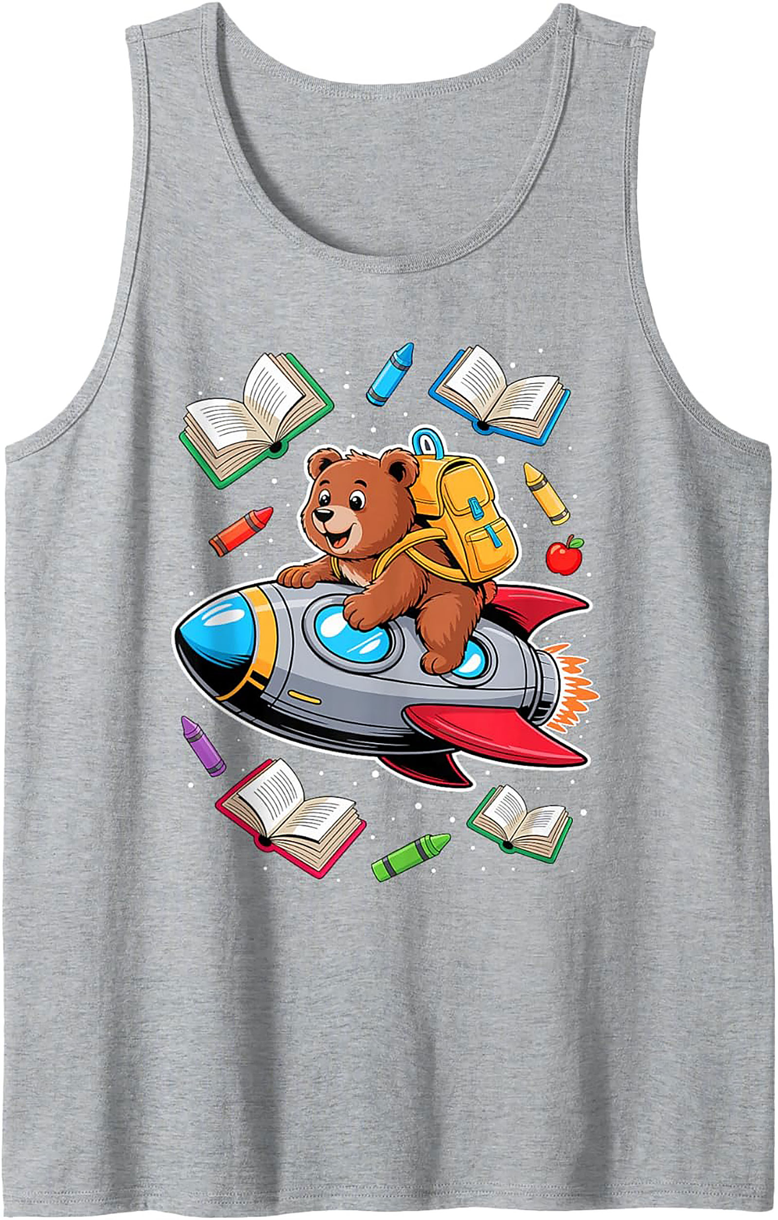 Back to School Graphic Tank Top: Cute Space Bear Rocket Ship Sleeveless Shirt