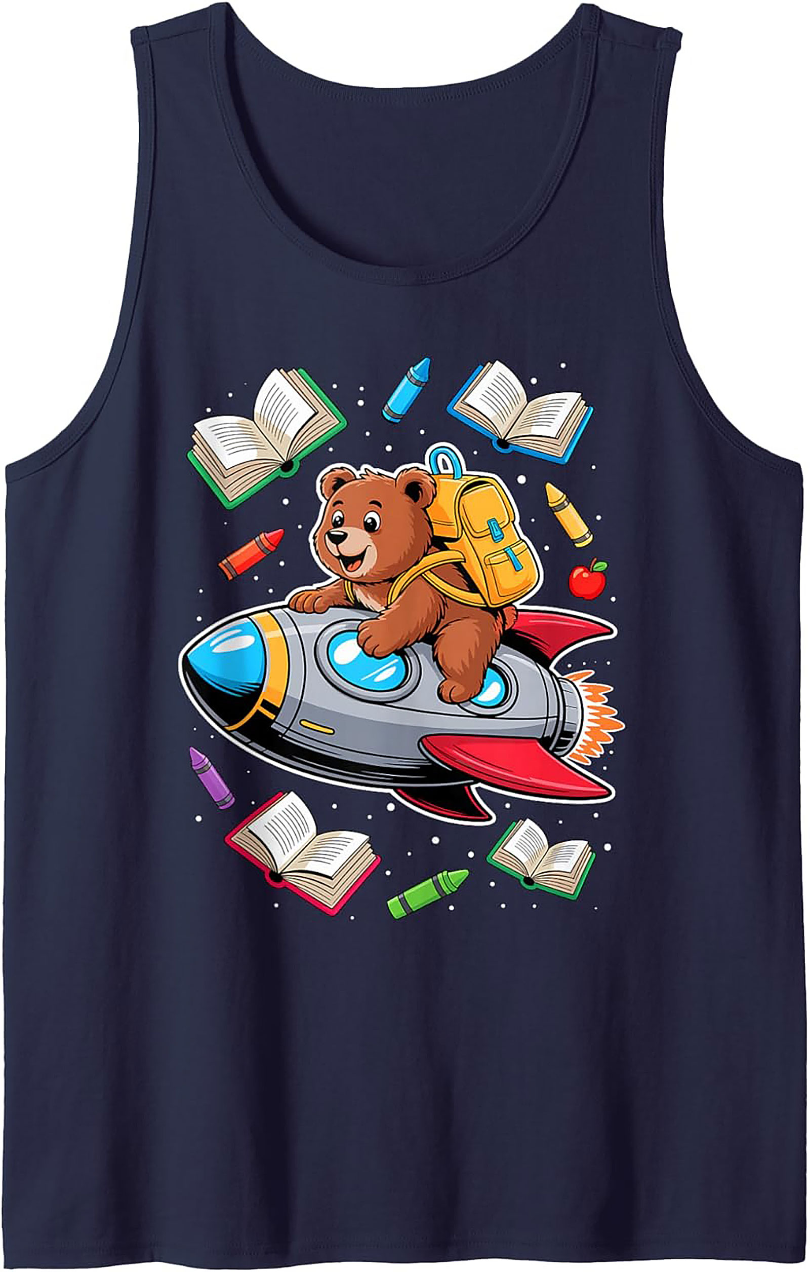 Back to School Graphic Tank Top: Cute Space Bear Rocket Ship Sleeveless Shirt