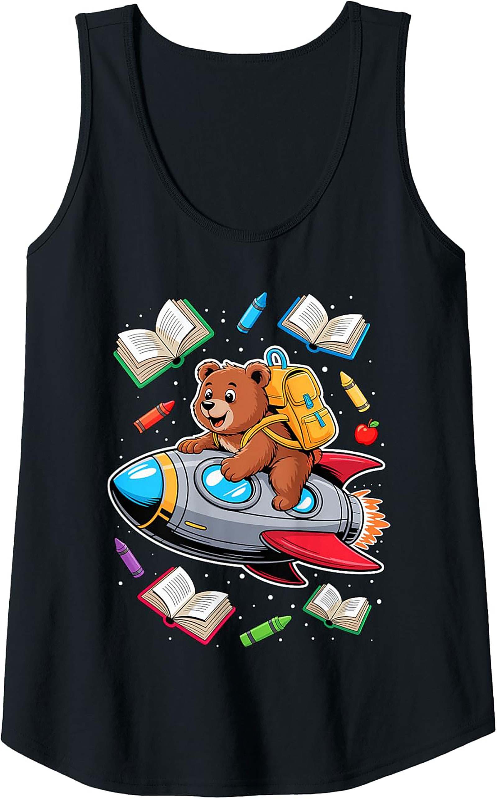 Back to School Graphic Tank Top: Cute Space Bear Rocket Ship Sleeveless Shirt