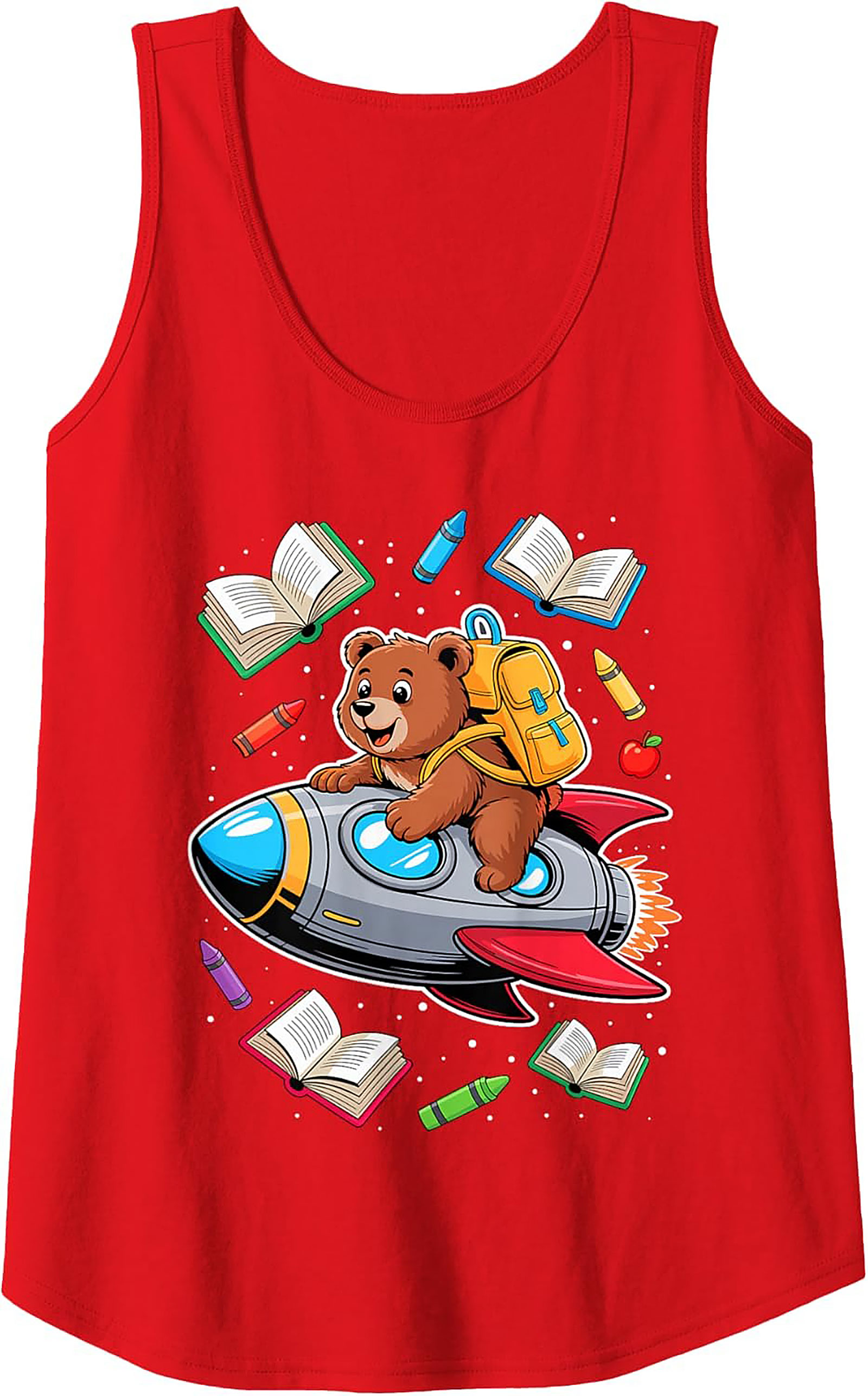 Back to School Graphic Tank Top: Cute Space Bear Rocket Ship Sleeveless Shirt