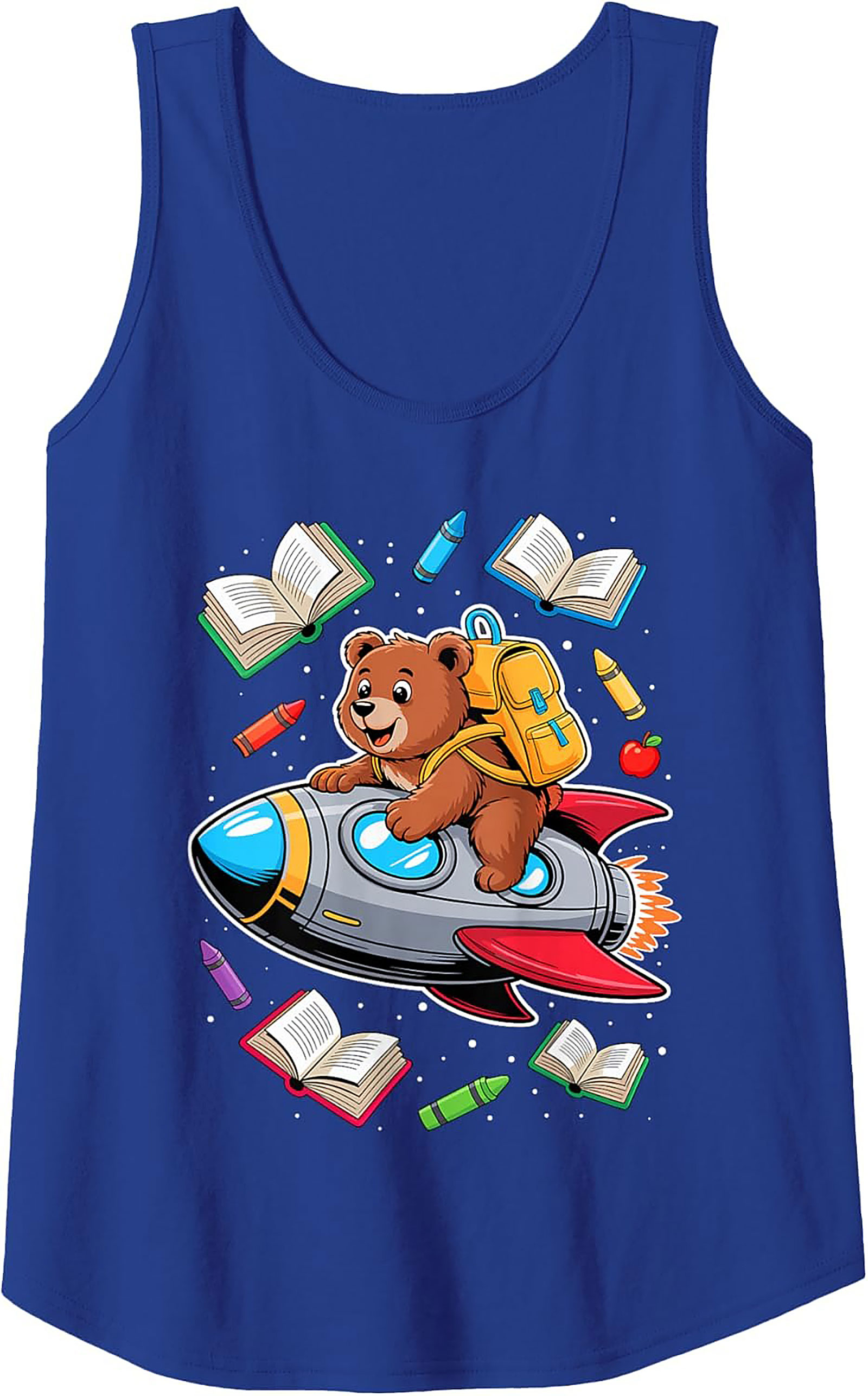 Back to School Graphic Tank Top: Cute Space Bear Rocket Ship Sleeveless Shirt
