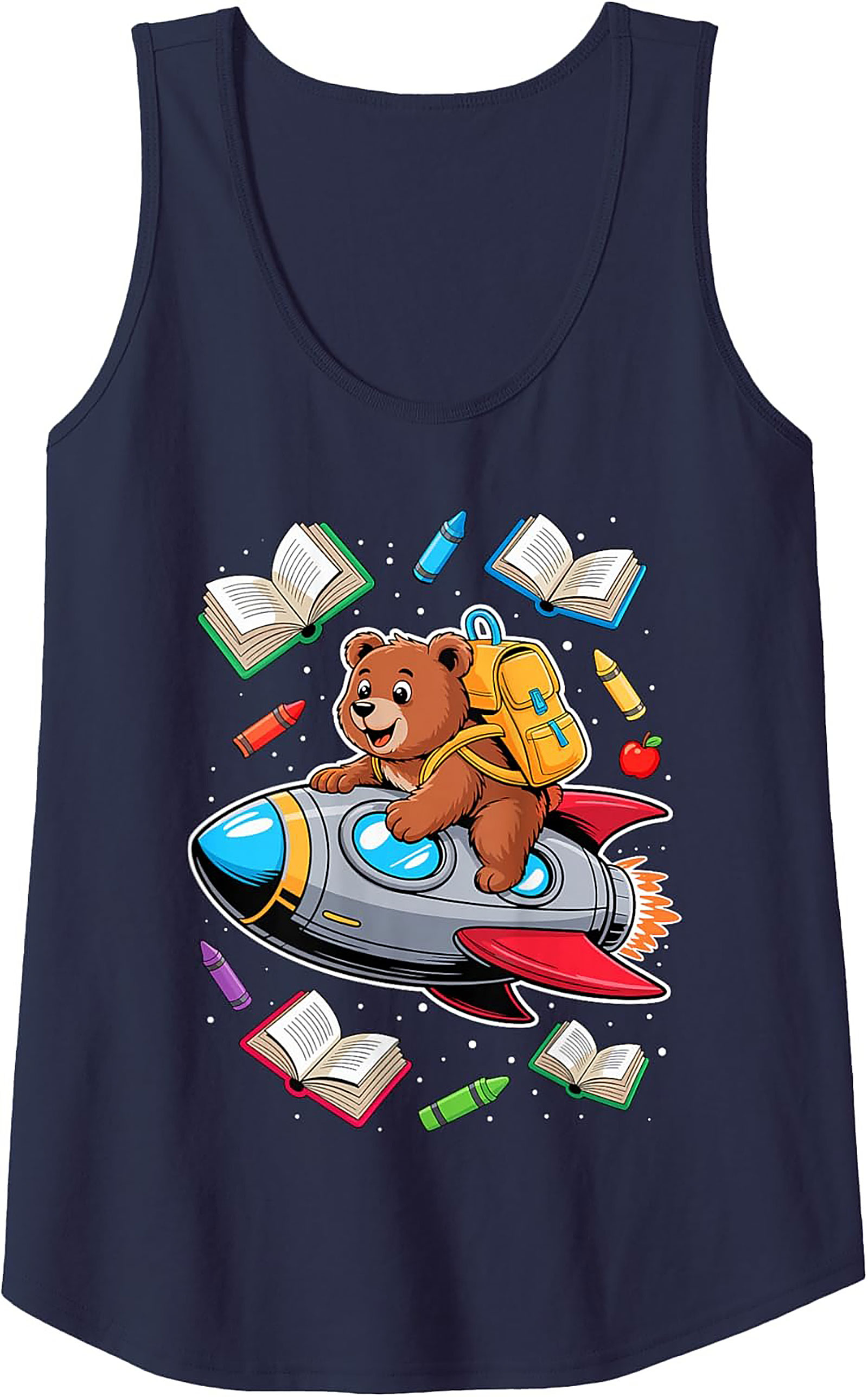 Back to School Graphic Tank Top: Cute Space Bear Rocket Ship Sleeveless Shirt