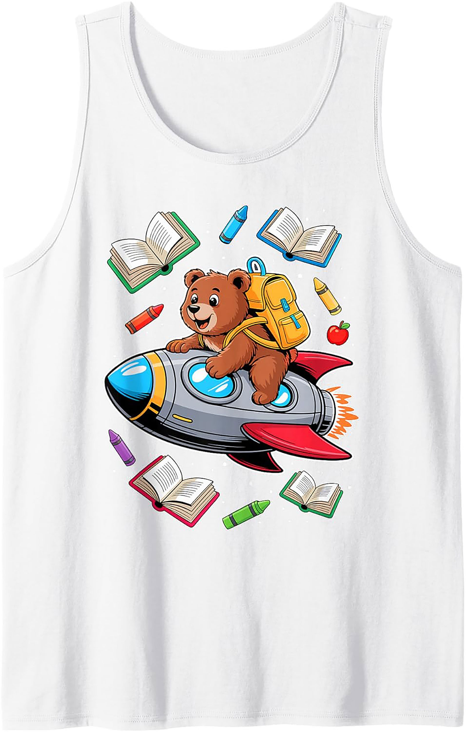 Back to School Graphic Tank Top: Cute Space Bear Rocket Ship Sleeveless Shirt