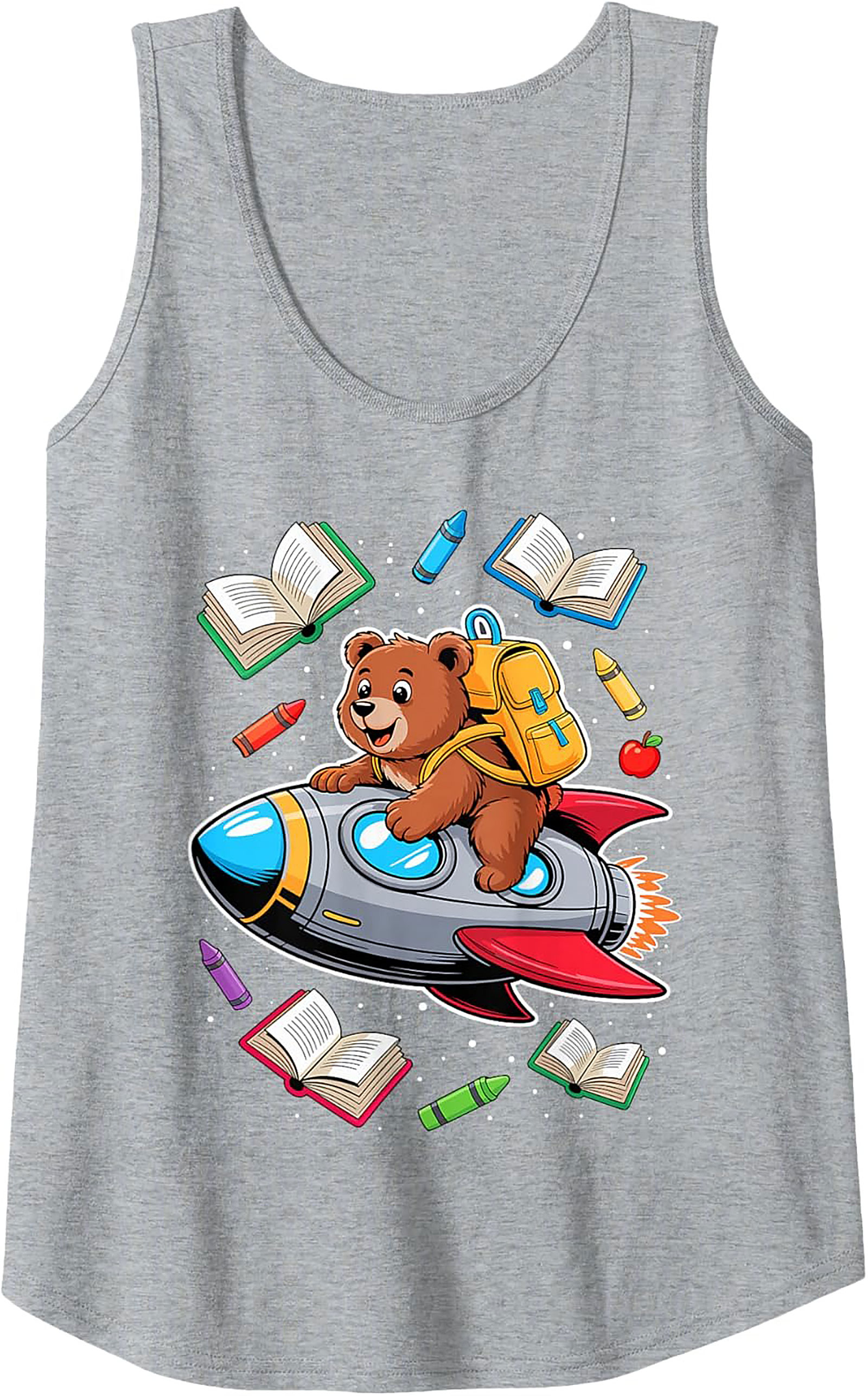 Back to School Graphic Tank Top: Cute Space Bear Rocket Ship Sleeveless Shirt