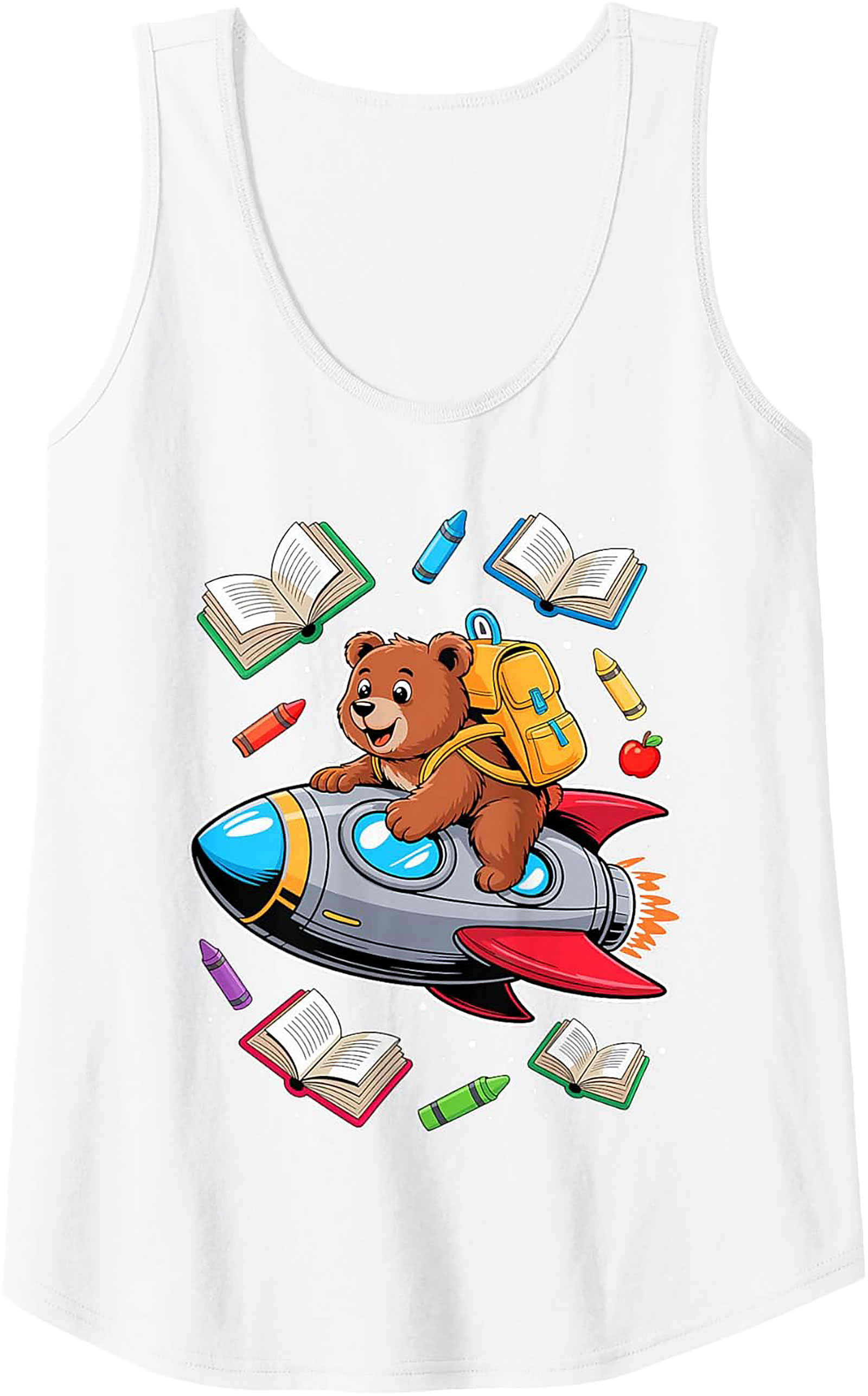 Back to School Graphic Tank Top: Cute Space Bear Rocket Ship Sleeveless Shirt