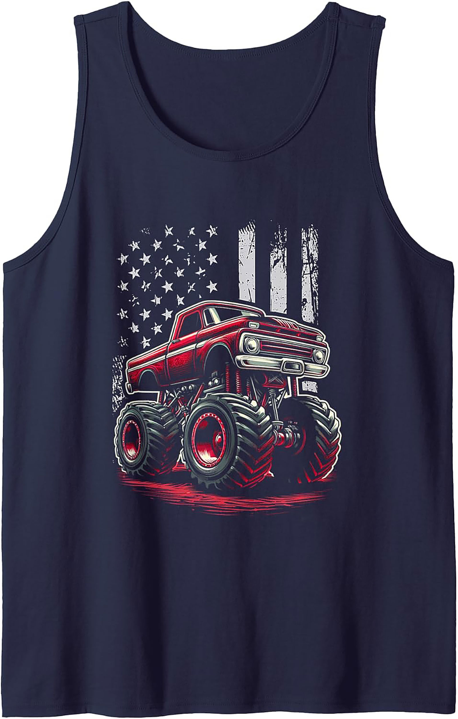 Vintage Red Monster Truck Graphic Tank Top | Distressed American Flag Sleeveless Shirt