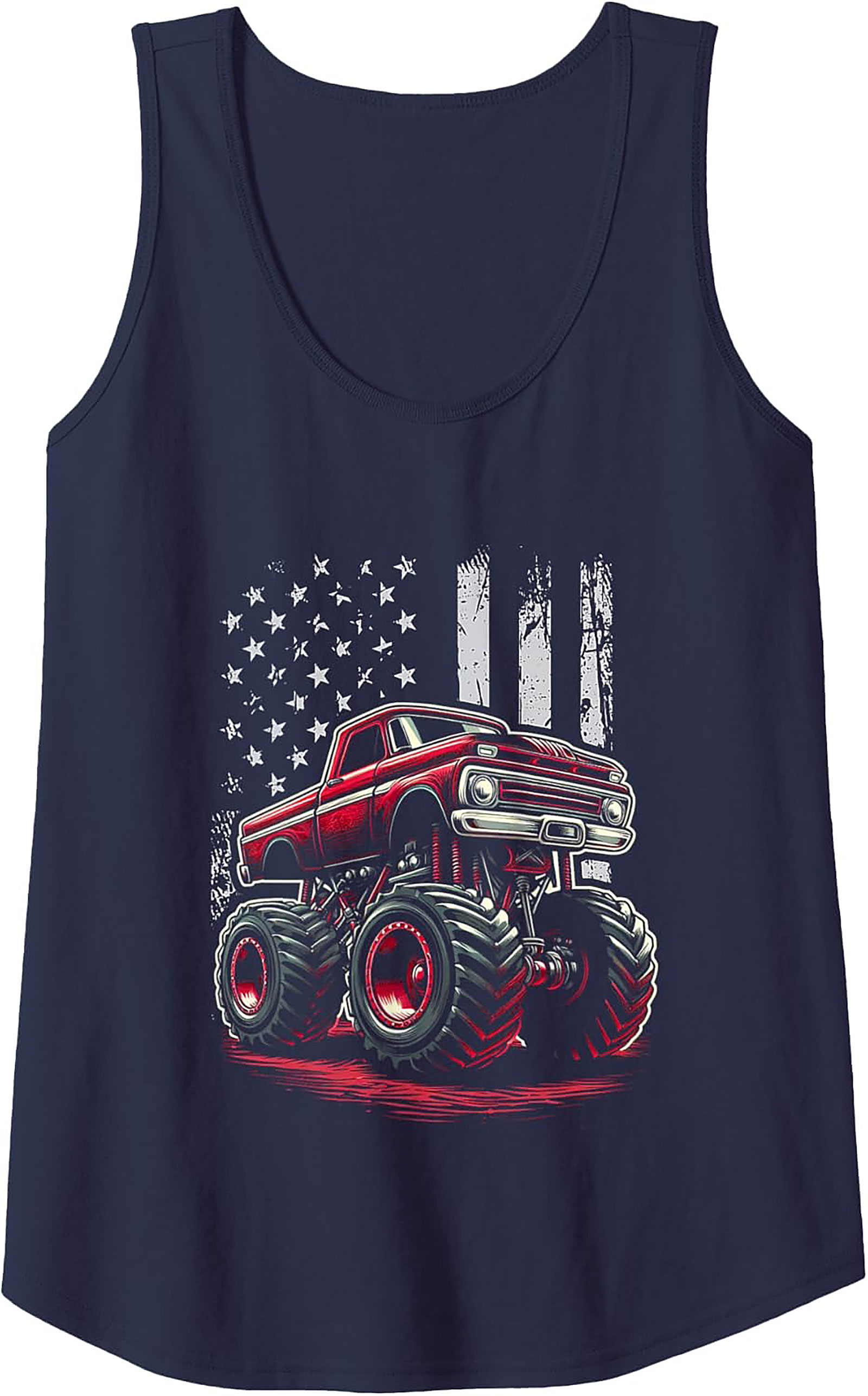 Vintage Red Monster Truck Graphic Tank Top | Distressed American Flag Sleeveless Shirt