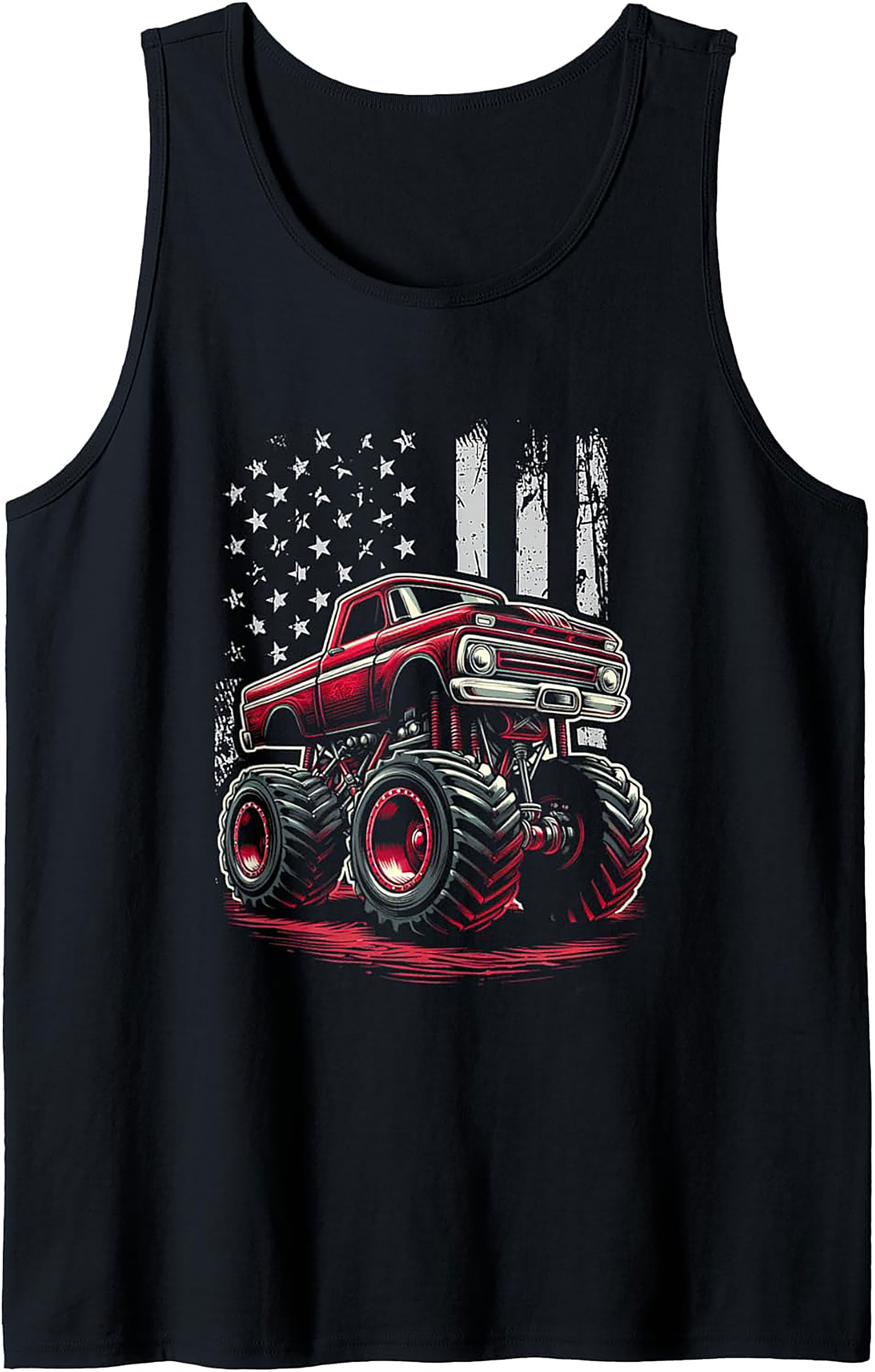 Vintage Red Monster Truck Graphic Tank Top | Distressed American Flag Sleeveless Shirt