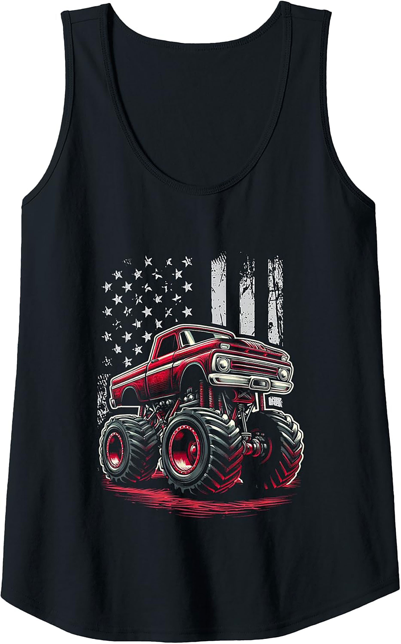 Vintage Red Monster Truck Graphic Tank Top | Distressed American Flag Sleeveless Shirt