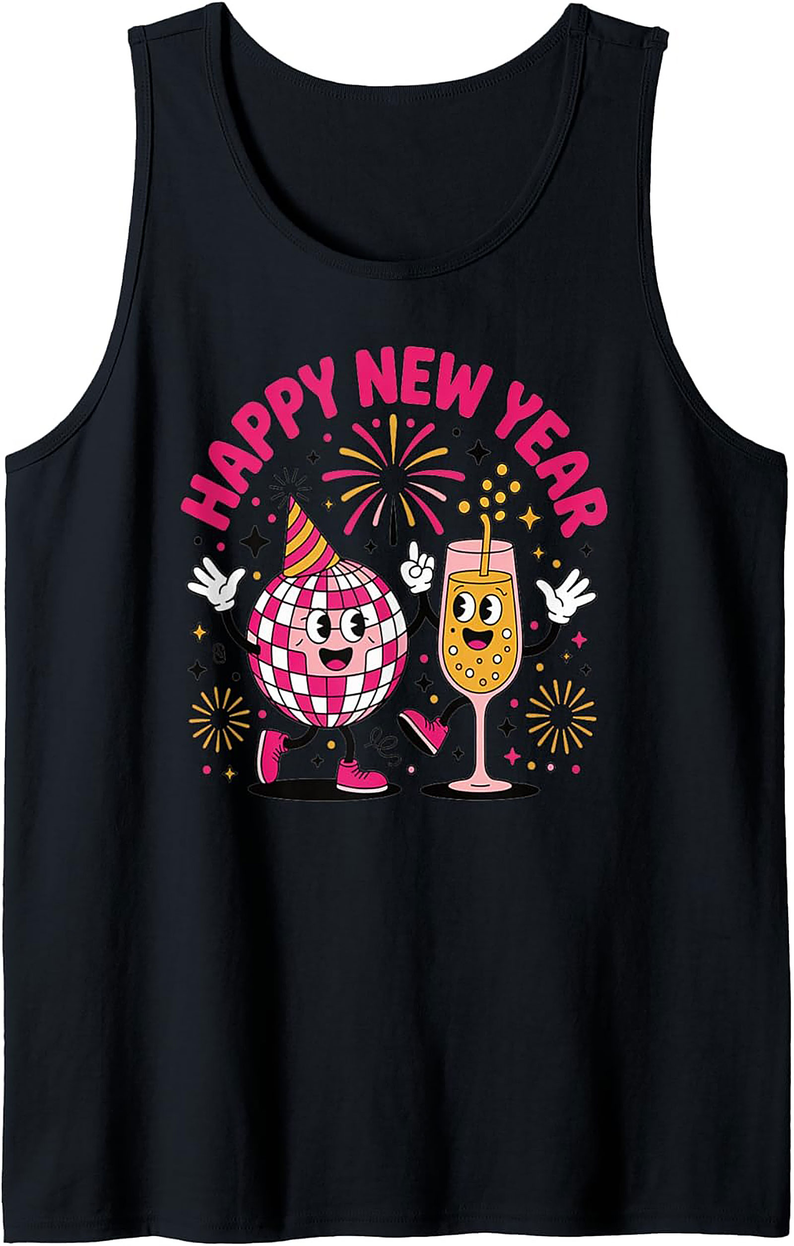 Happy New Year Disco Ball Graphic Tank Retro Sleeveless Shirt