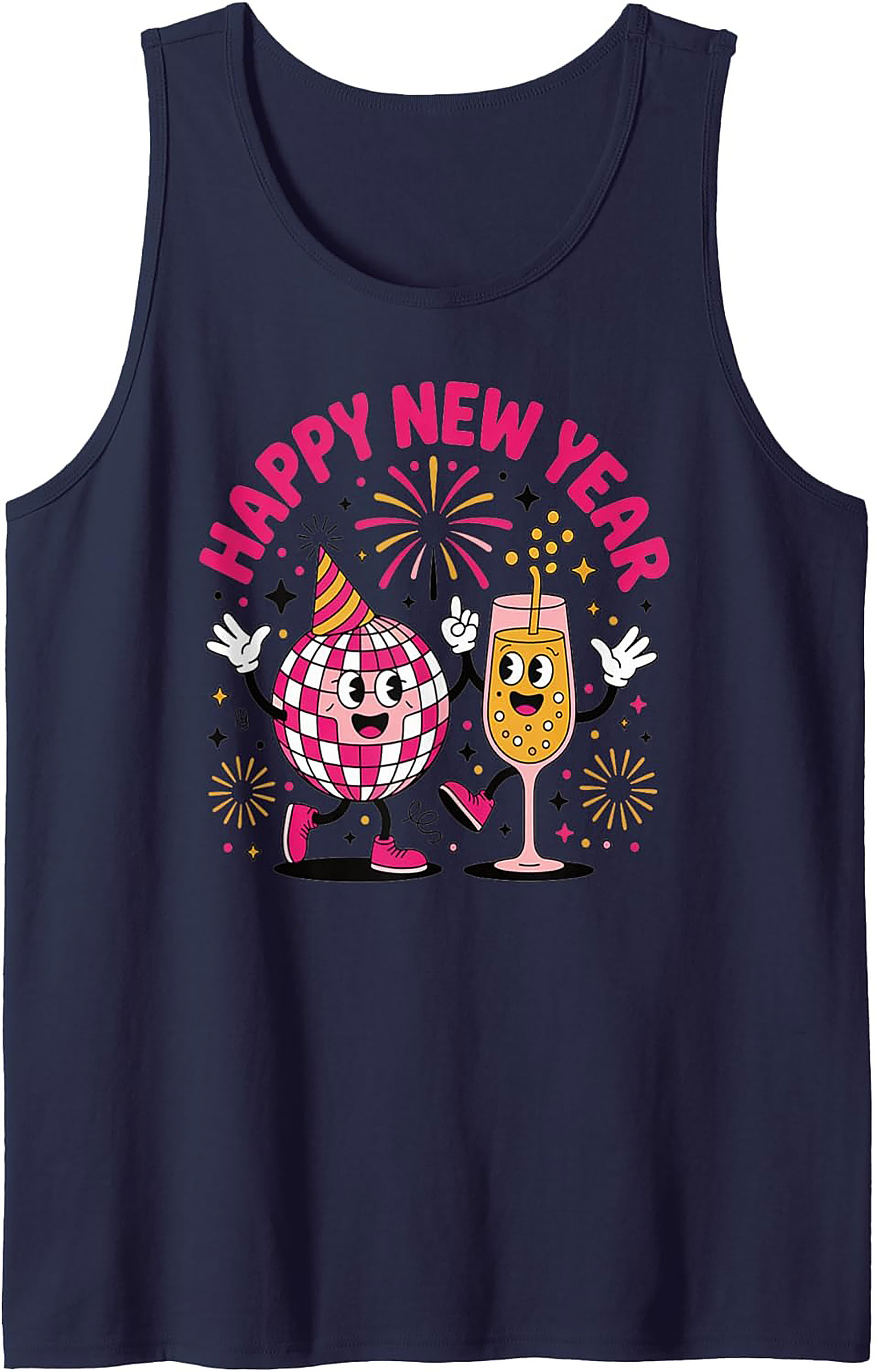 Happy New Year Disco Ball Graphic Tank Retro Sleeveless Shirt