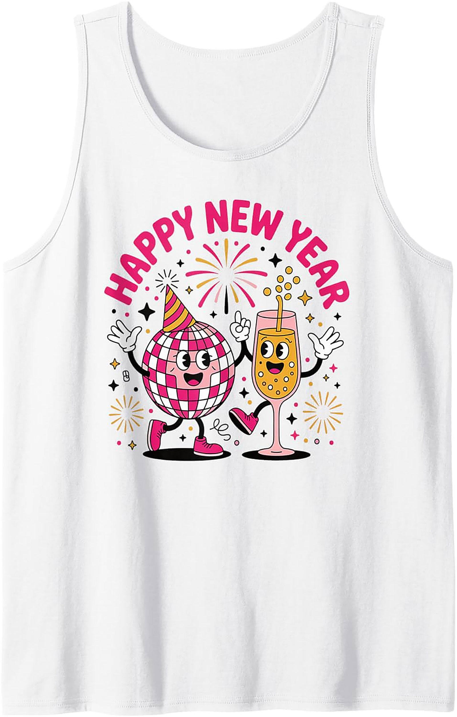 Happy New Year Disco Ball Graphic Tank Retro Sleeveless Shirt