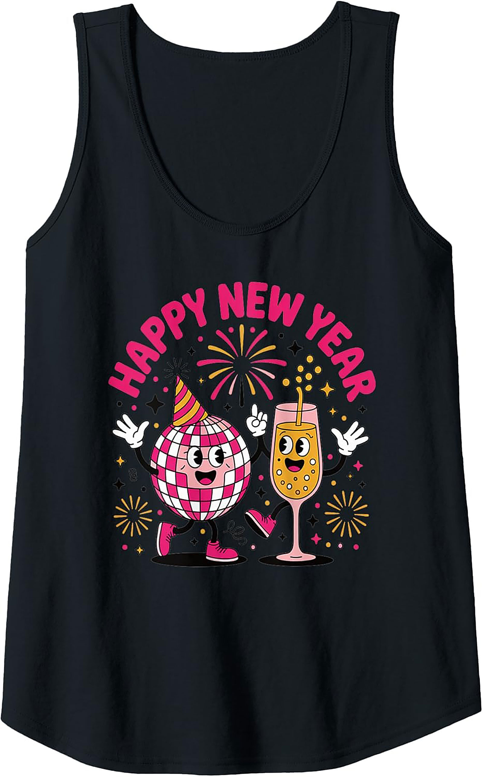 Happy New Year Disco Ball Graphic Tank Retro Sleeveless Shirt