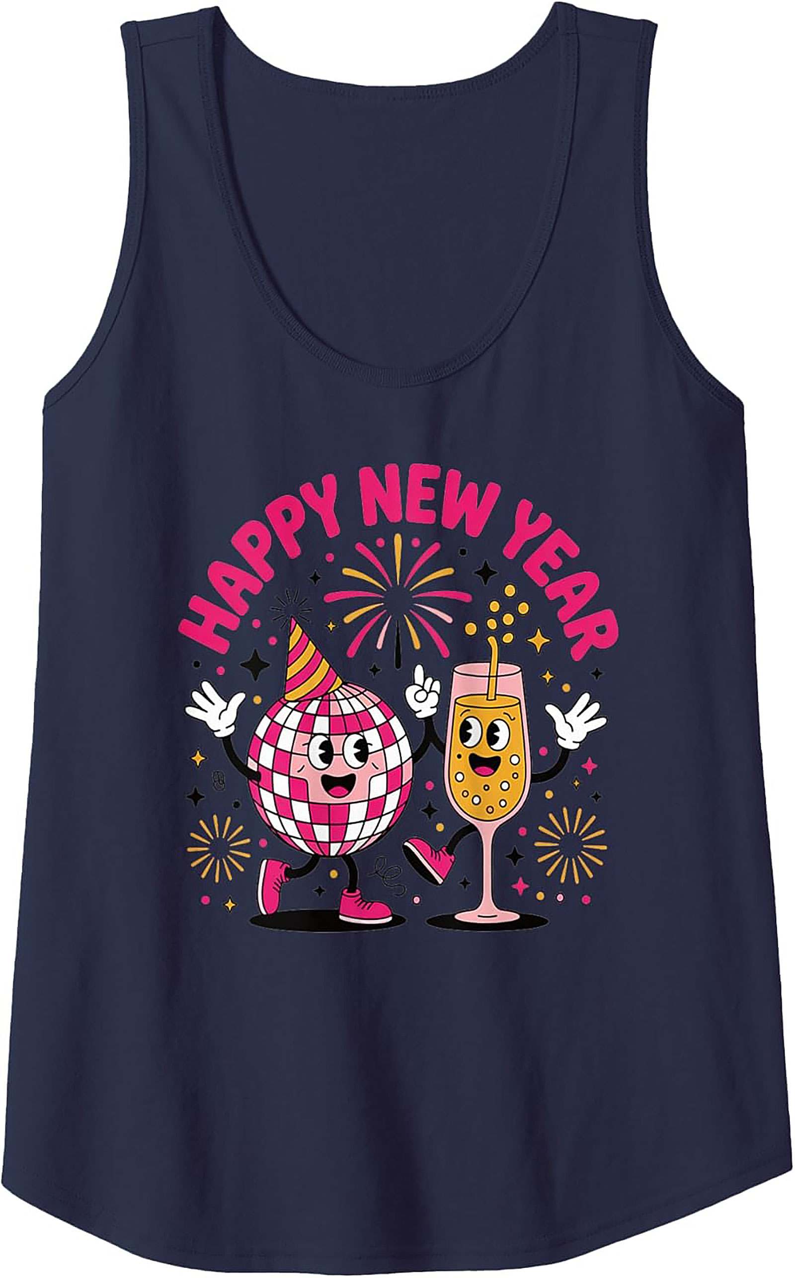 Happy New Year Disco Ball Graphic Tank Retro Sleeveless Shirt